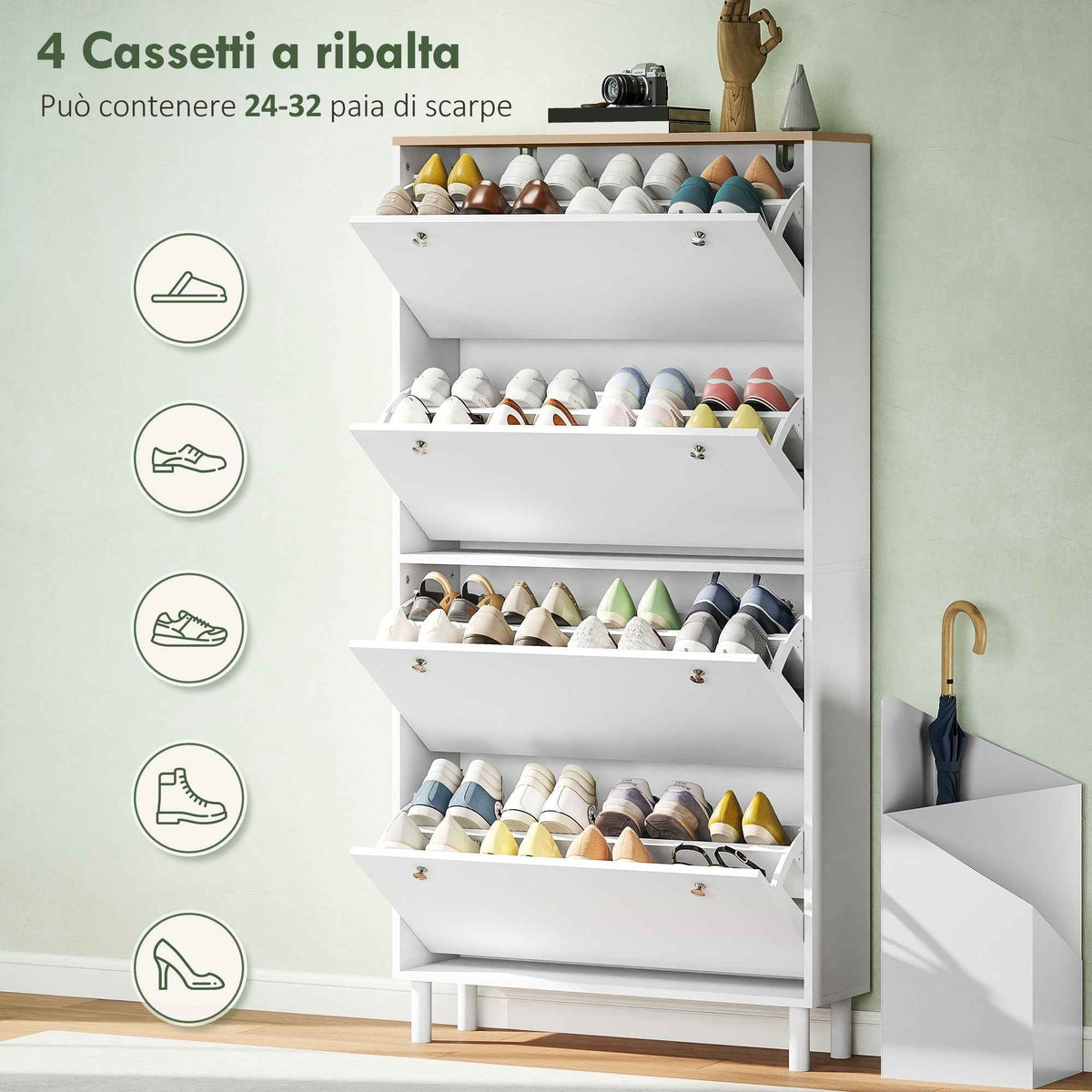 HOMCOM Slim Shoe Rack with 4 Folding Drawers and Adjustable Shelves for 24-32 Shoes, 80x23.5x157 cm, White
