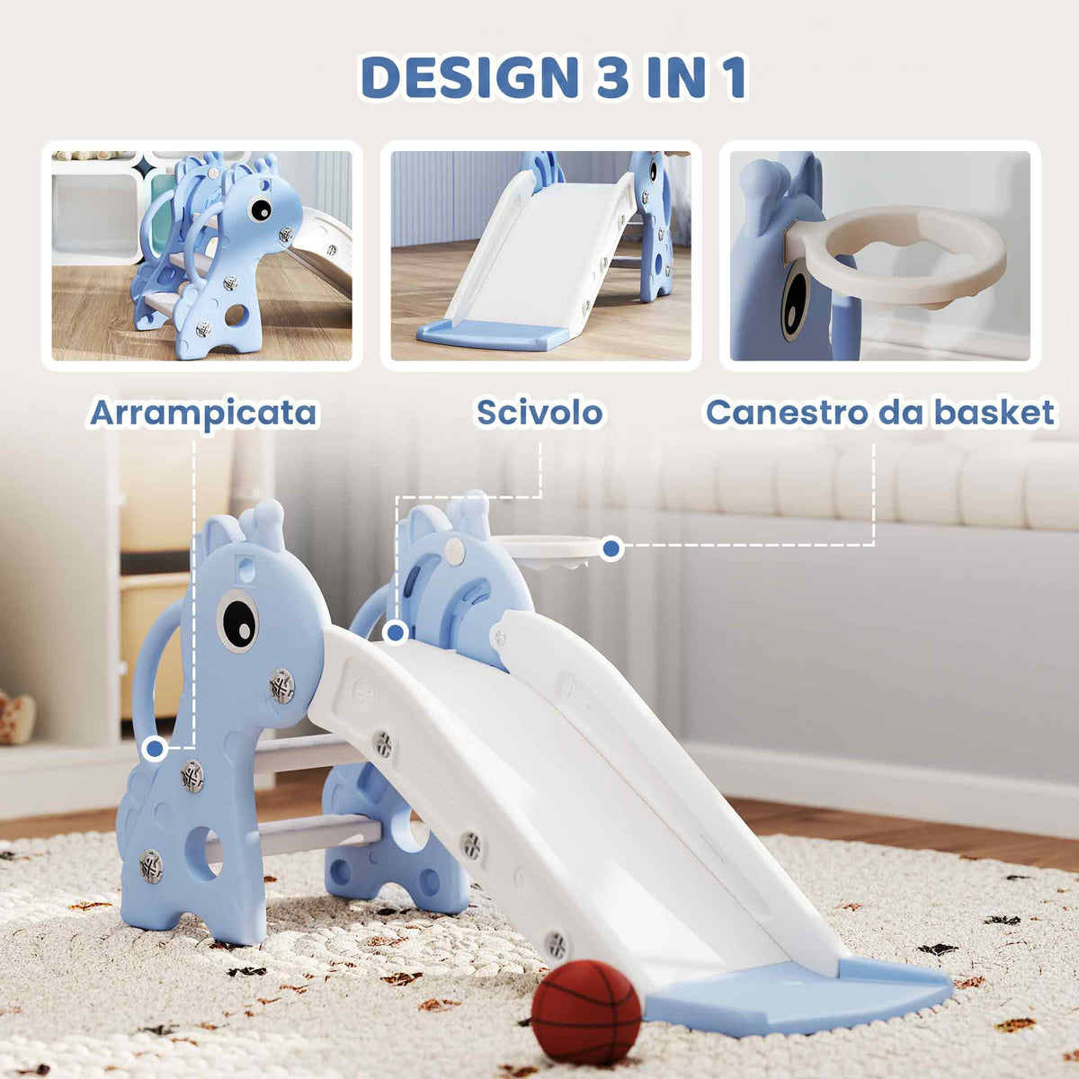 AIYAPLAY Kids Slide with Ladder, Basketball Hoop and Ball, Giraffe Design, for Children 1-3 Years Old, Blue