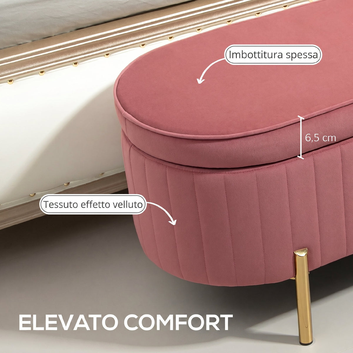 HOMCOM 72L Oval Storage Bench with Lift-Top Lid, Velvet Fabric and Wood, 108x44x43.5 cm, Pink