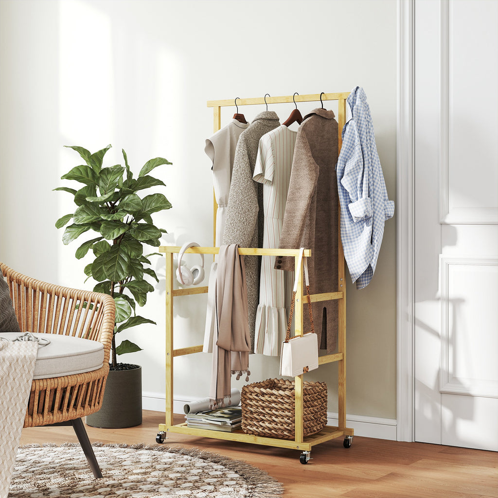 Bamboo Clothes Rail with 2 Rails, Lower Shelf and 4 Wheels, 80x40x160 cm, Natural Wood