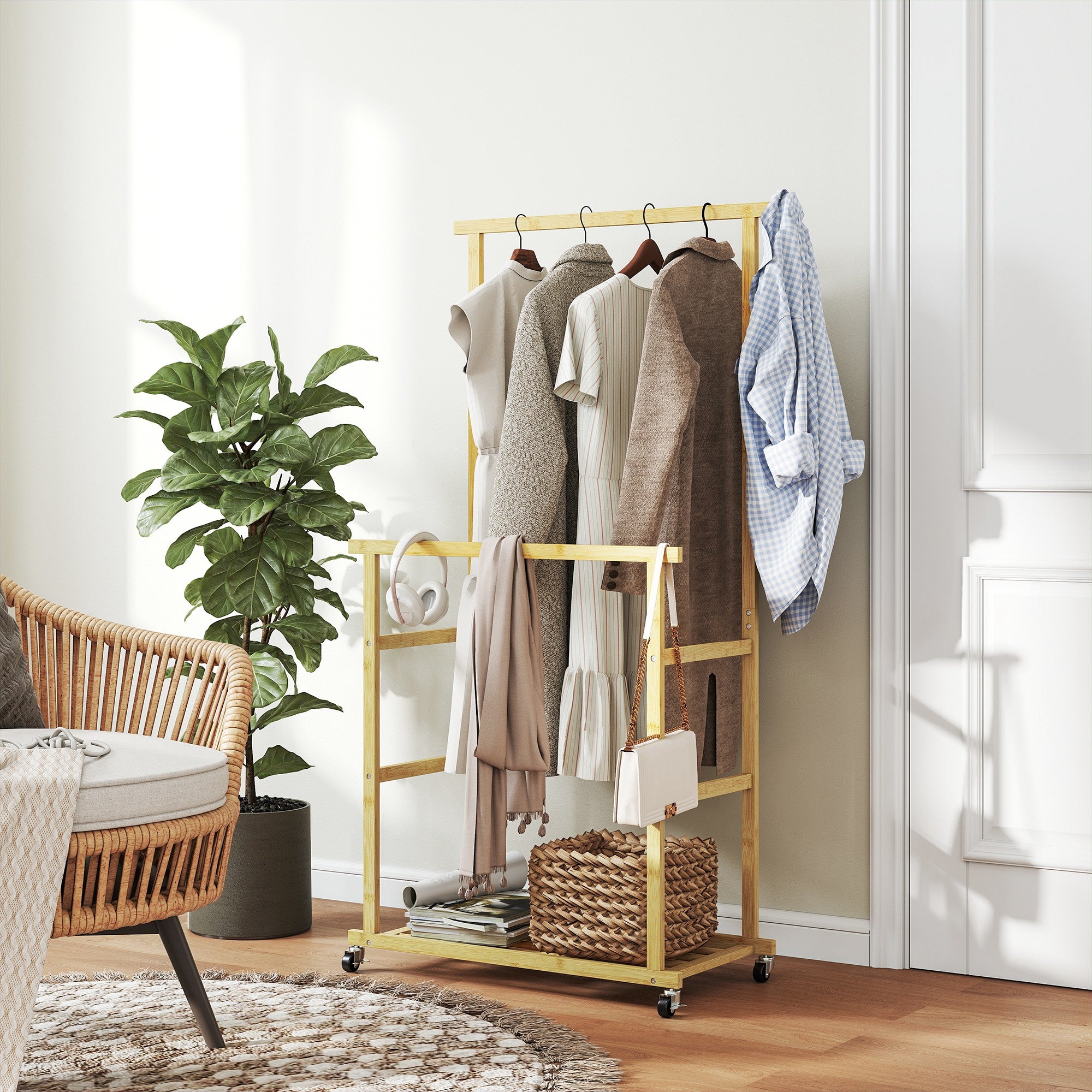 Bamboo Clothes Rail with 2 Rails, Lower Shelf and 4 Wheels, 80x40x160 cm, Natural Wood