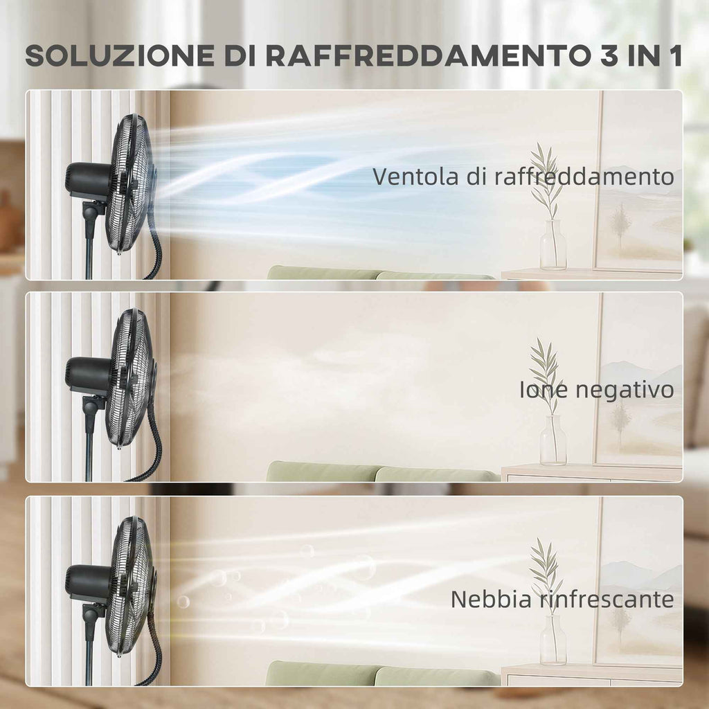 3-in-1 Oscillating Pedestal Fan with Water Mist, Remote Control, and 9-Hour Timer, 45 x 38 x 130 cm, Black