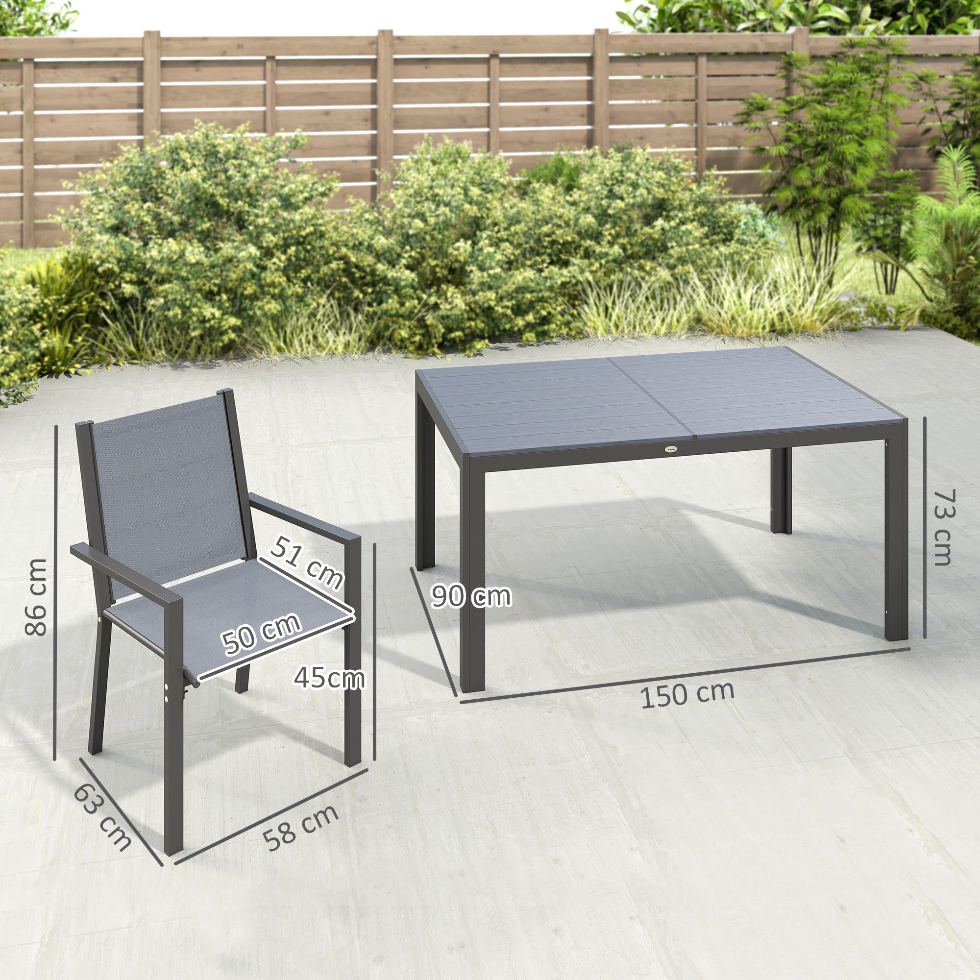 Outsunny Garden Set with 6 Stackable Chairs and Rectangular Dining Table, Light Grey