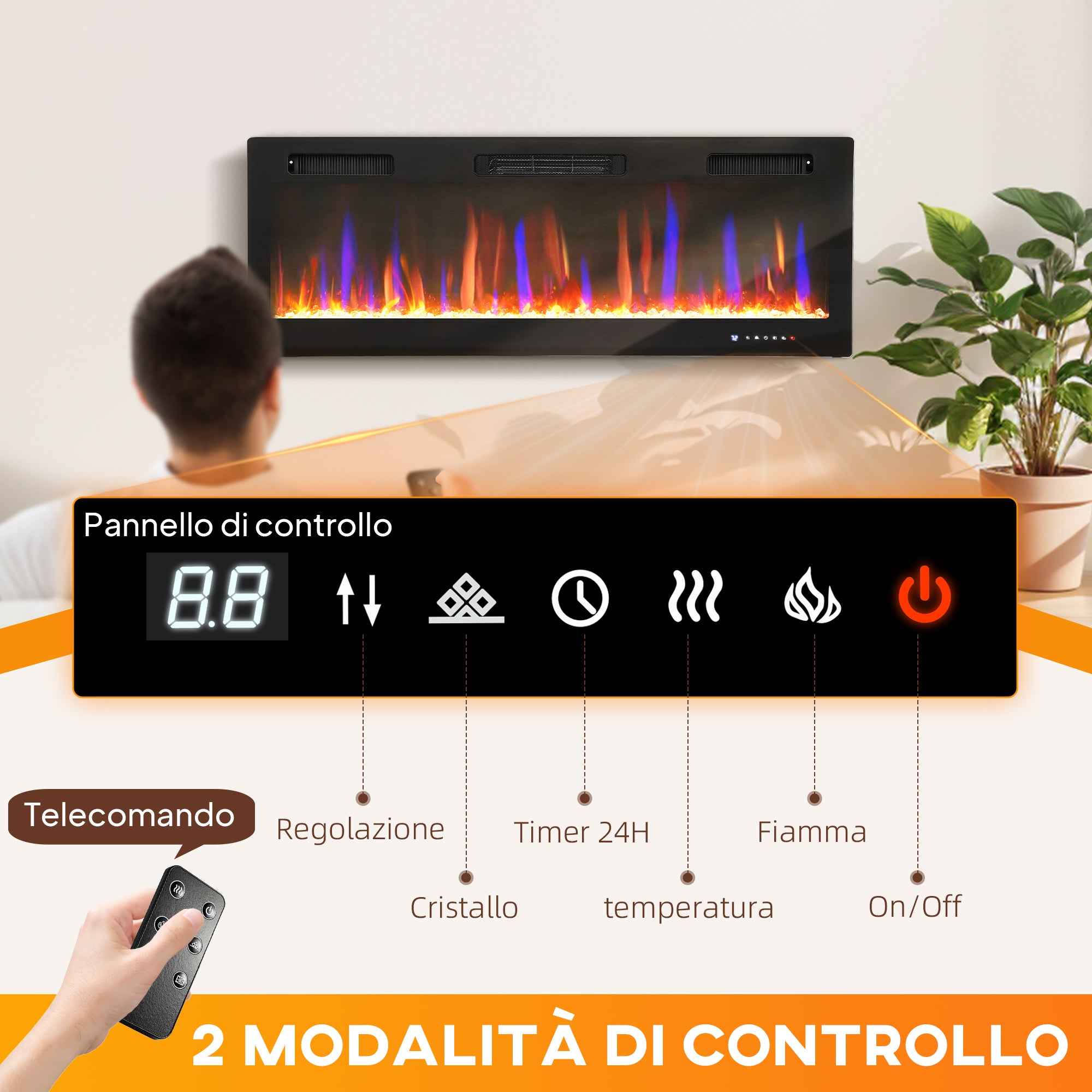 HOMCOM Built-in or Wall-Mounted Electric Fireplace with Adjustable Temperature, Steel and Glass, 127x9.4x47 cm, Black