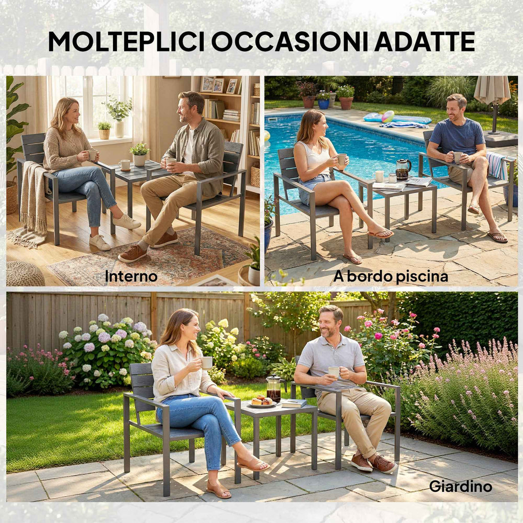 Outsunny 3-Piece Garden Set with 2 Outdoor Chairs and Coffee Table, in HDPE and Metal, Dark Grey
