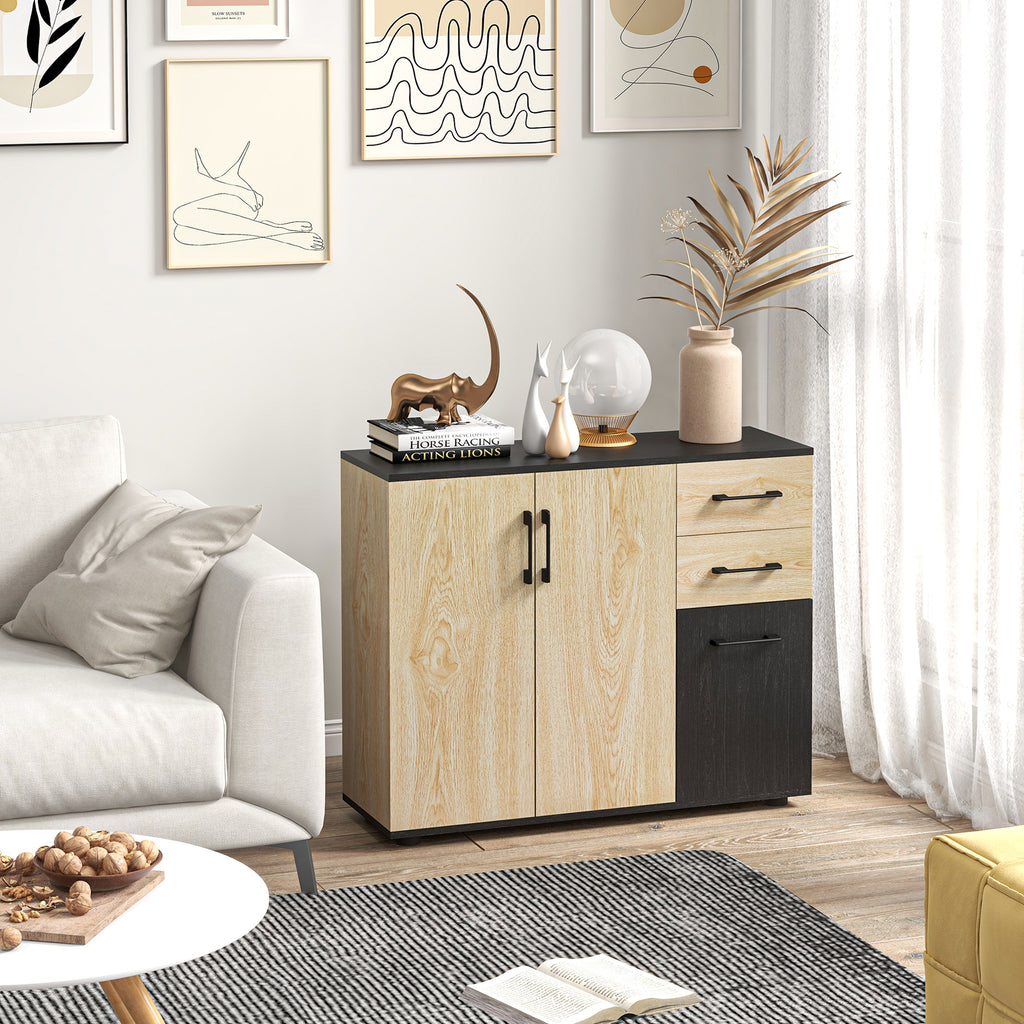 HOMCOM Modern Sideboard with 2 Cabinets and 2 Drawers in Wood, 90x30x75.5cm, Walnut and Black - Borgè