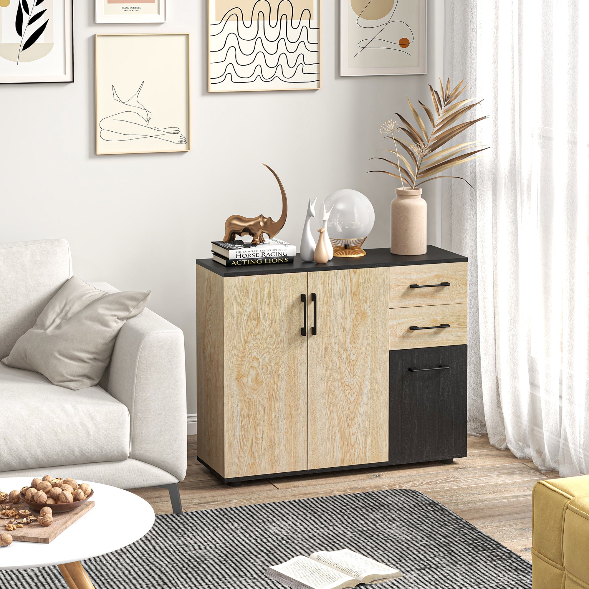 HOMCOM Modern Sideboard with 2 Cabinets and 2 Drawers in Wood, 90x30x75.5cm, Walnut and Black - Borgè
