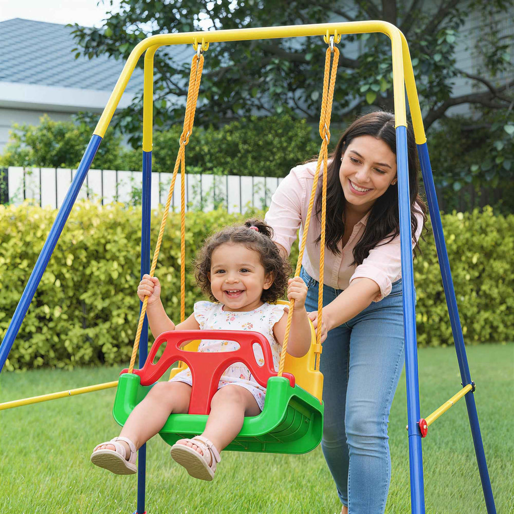 Adjustable Children's Garden Swing with Backrest and Barrier, Made of Steel and PP, 128x155x157 cm, Green
