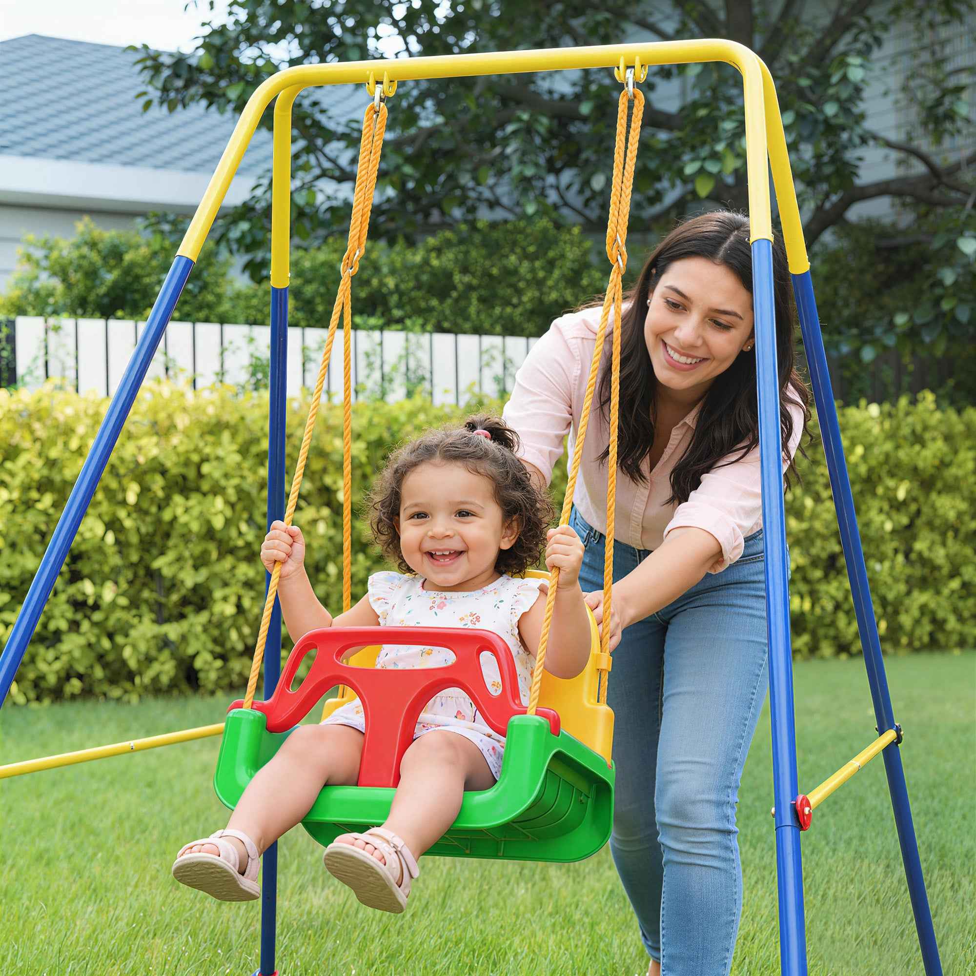 Adjustable Children's Garden Swing with Backrest and Barrier, Made of Steel and PP, 128x155x157 cm, Green