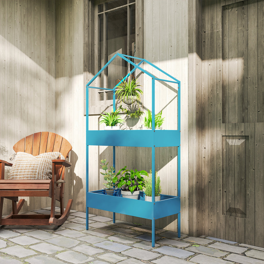 Outsunny 2-Tier Metal House Plant Stand with Hook, 75x35x150cm, Blue and Green
