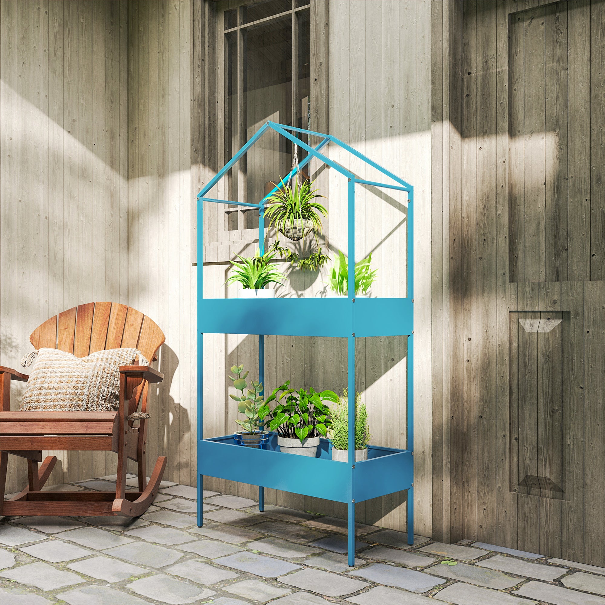 Outsunny 2-Tier Metal House Plant Stand with Hook, 75x35x150cm, Blue and Green