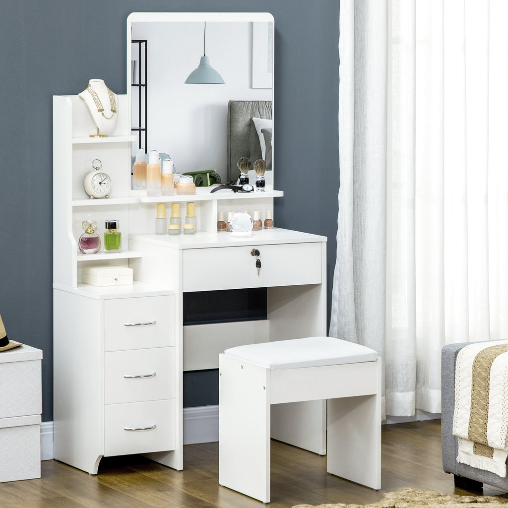 Dressing Table with Mirror, Dressing Table, Stool, 4 Drawers and 4 Shelves, White