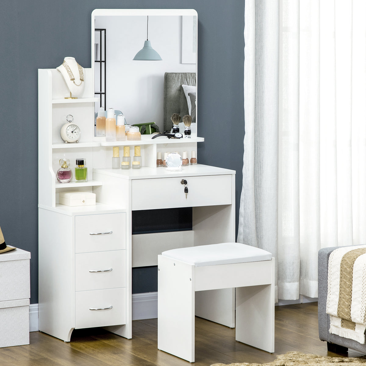 Dressing Table with Mirror, Dressing Table, Stool, 4 Drawers and 4 Shelves, White