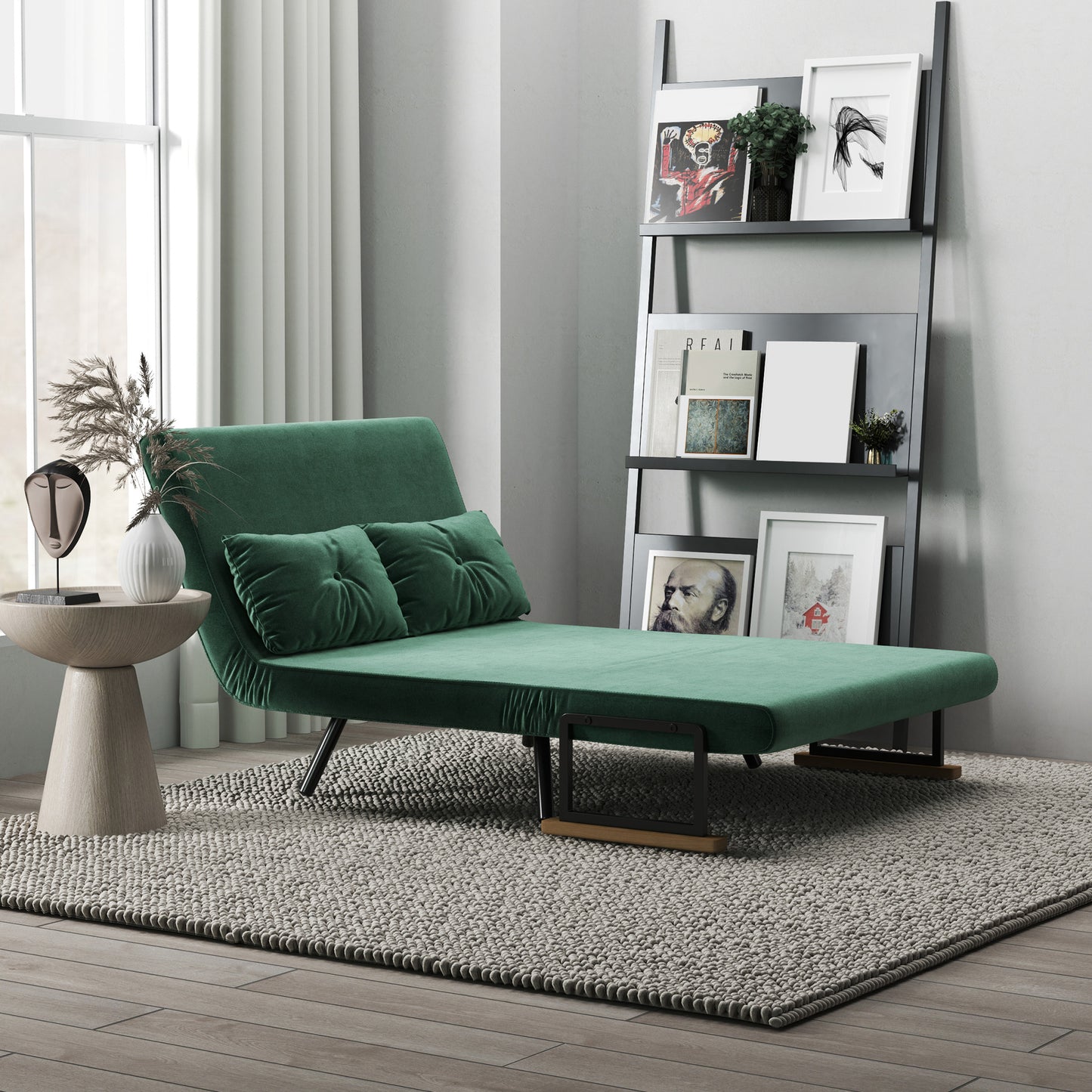 3-in-1 Velvet Effect Fabric Sofa Bed with Adjustable Backrest and 2 Cushions, 102x73x81 cm, Green