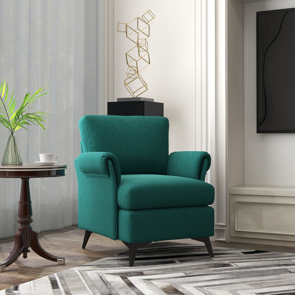 Furnishing armchair in breathable linen-effect fabric with rolled armrests, 63x71x83 cm, green - Borgè