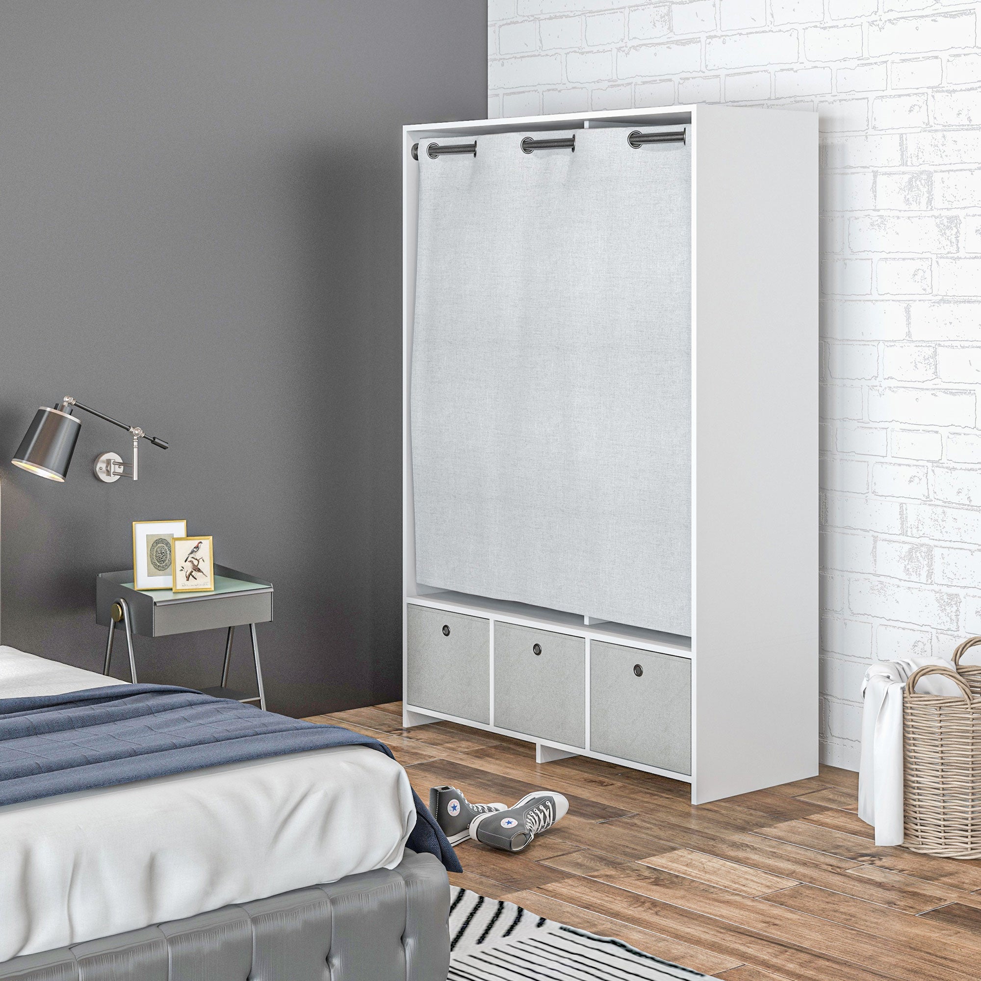 Wardrobe with Hanging Rail, 3 Fabric Drawers and 3 Shelves, 105x48x160 cm, White and Grey