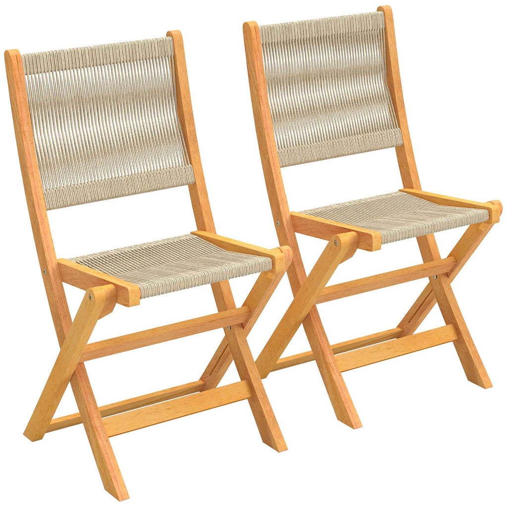 Outsunny Set of 2 Folding Garden Chairs in PE Rattan and Acacia Wood, Supports up to 160 kg, Beige