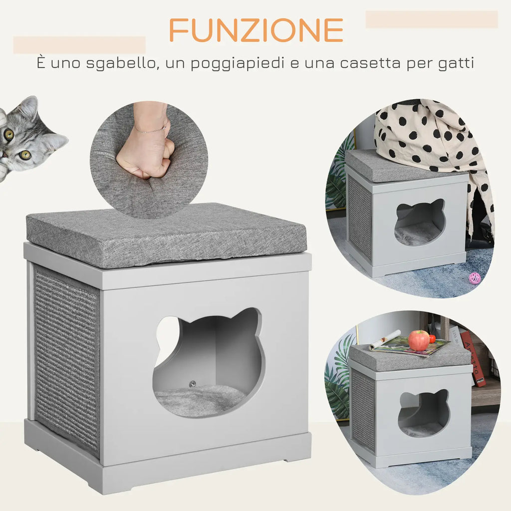 Wooden Cat House with 2 Pillows and Removable Scratching Posts, Grey, 41x30x36cm - Borge' Group Limited
