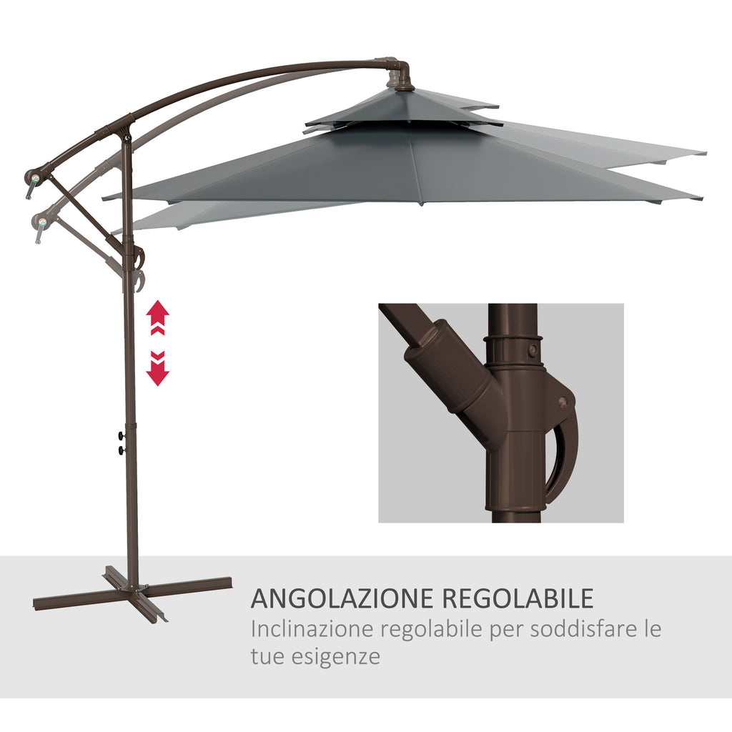 2.7x2.7m Cantilever Umbrella with 2-Tier Adjustable Canopy and Cross Base, Grey