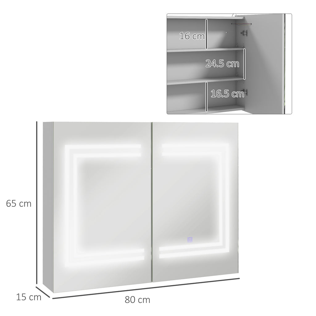 kleankin Bathroom Mirror Cabinet with LED Light, 80 x 65cm Bathroom Cabinet with Mirror, Soft Close Door, 3-Color Dimmable, Adjustable Shelves, Gloss White