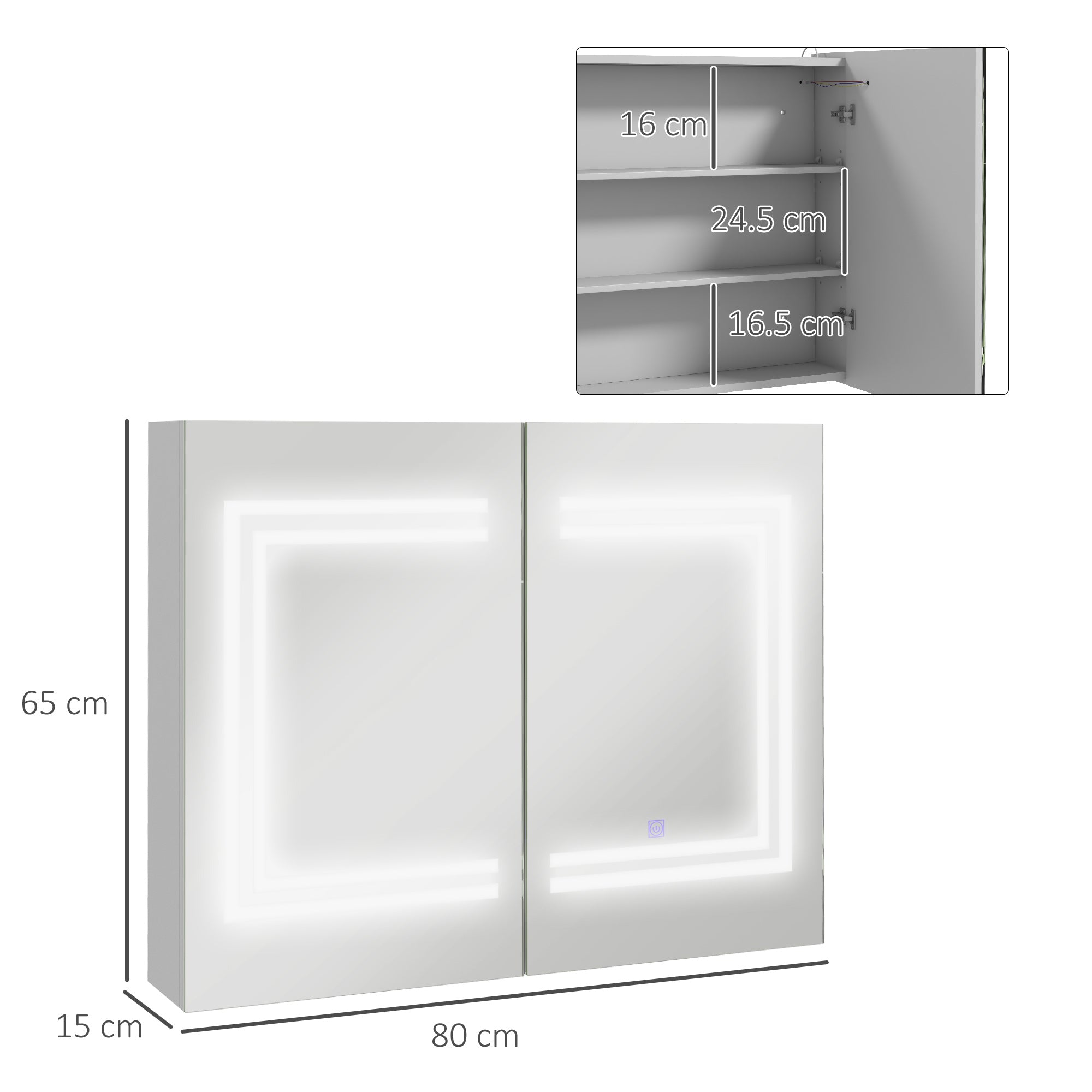 kleankin Bathroom Mirror Cabinet with LED Light, 80 x 65cm Bathroom Cabinet with Mirror, Soft Close Door, 3-Color Dimmable, Adjustable Shelves, Gloss White