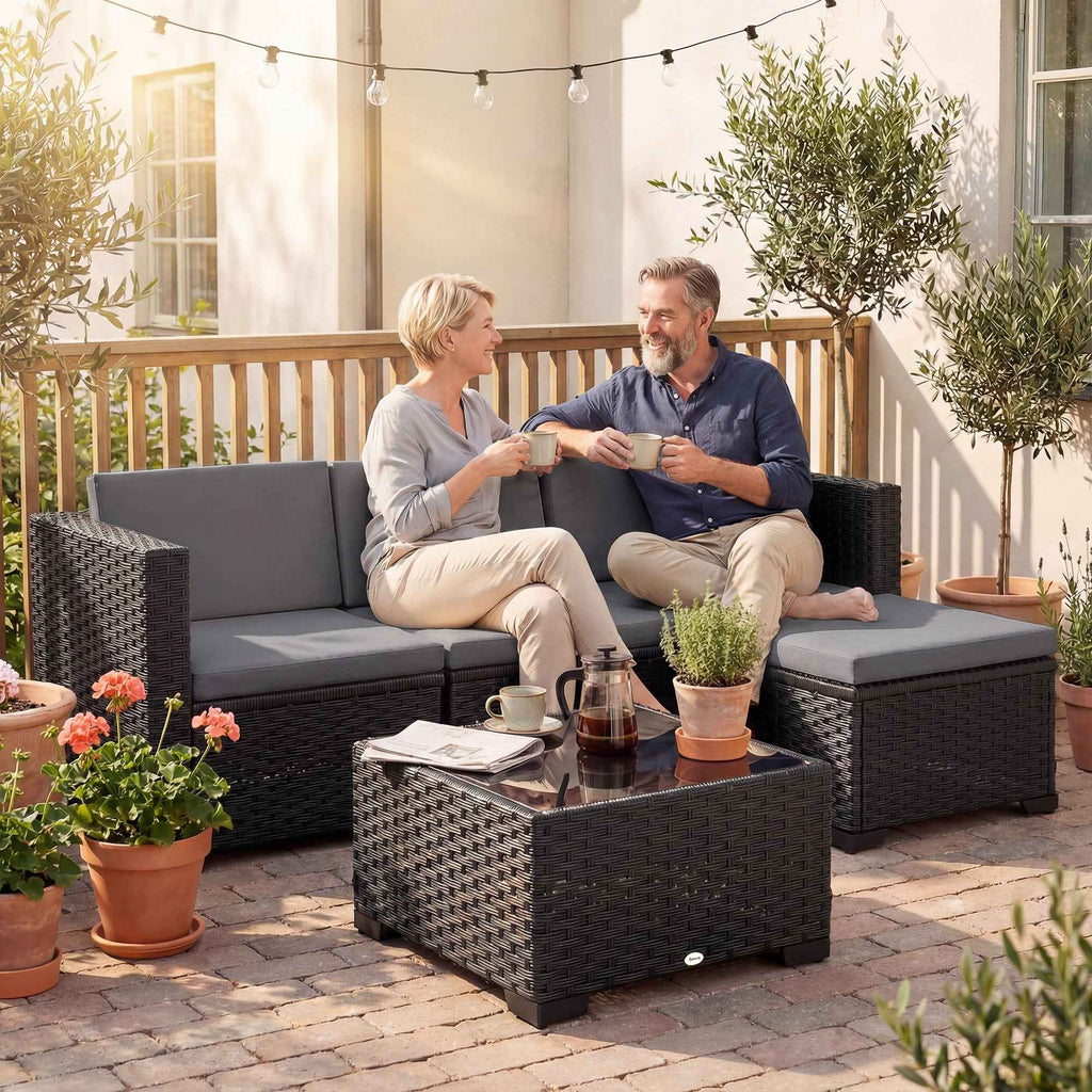 Outsunny 5-Piece Modular Wicker Garden Set with Cushions, Gray Corner Sofa