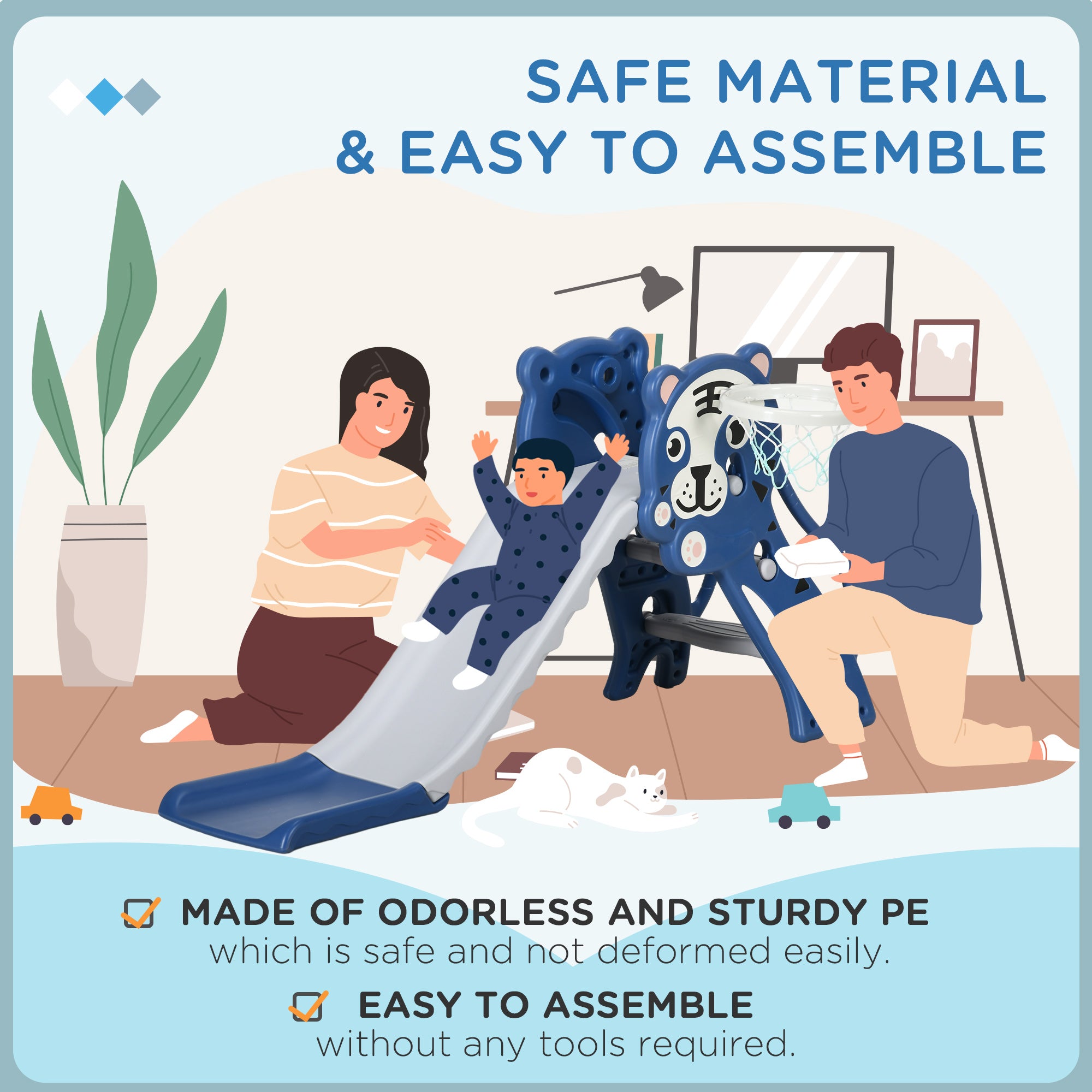 Children's Slide 18-36 Months with Lateral PE Basketball Hoop, 133x60x70 cm, Blue and Grey