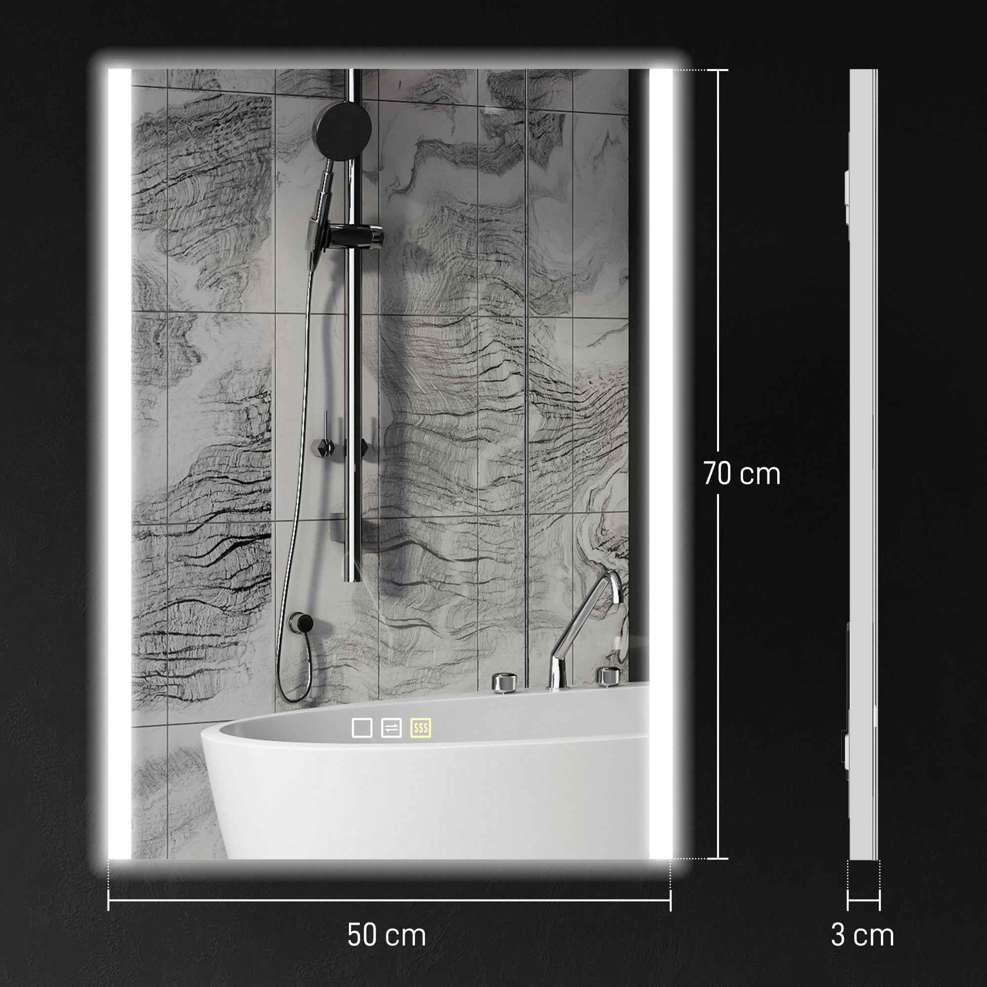 HOMCOM Bathroom Mirror with 3-Color LED Light and Memory Function, Tempered Glass, 70x50x3 cm, Silver