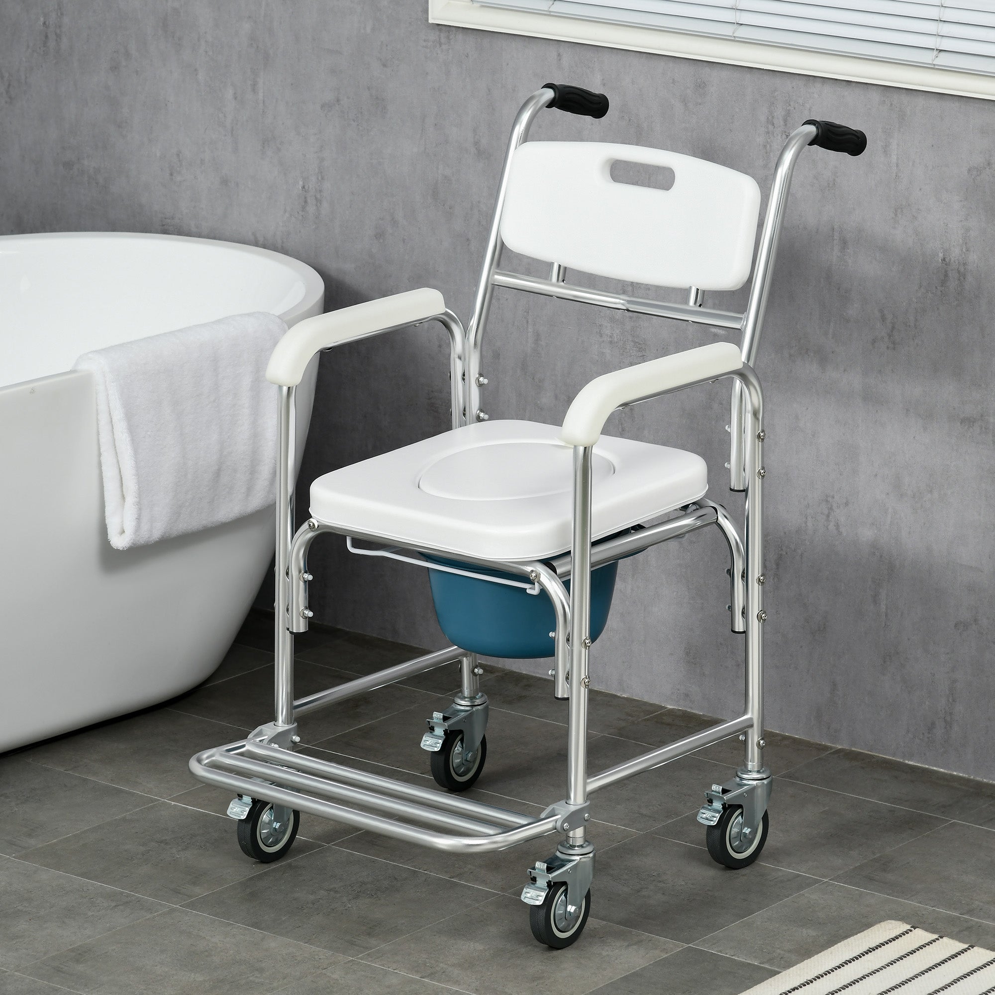 3-in-1 Commode Chair with Wheels for the Elderly, Aluminum Toilet Seat with Removable Bucket, White