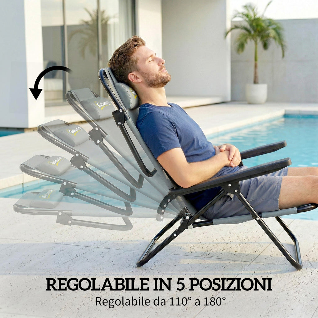 Outsunny Set of 2 Portable Camping Chairs, Folding Beach Chairs, Adjustable Backrest, Light Grey.