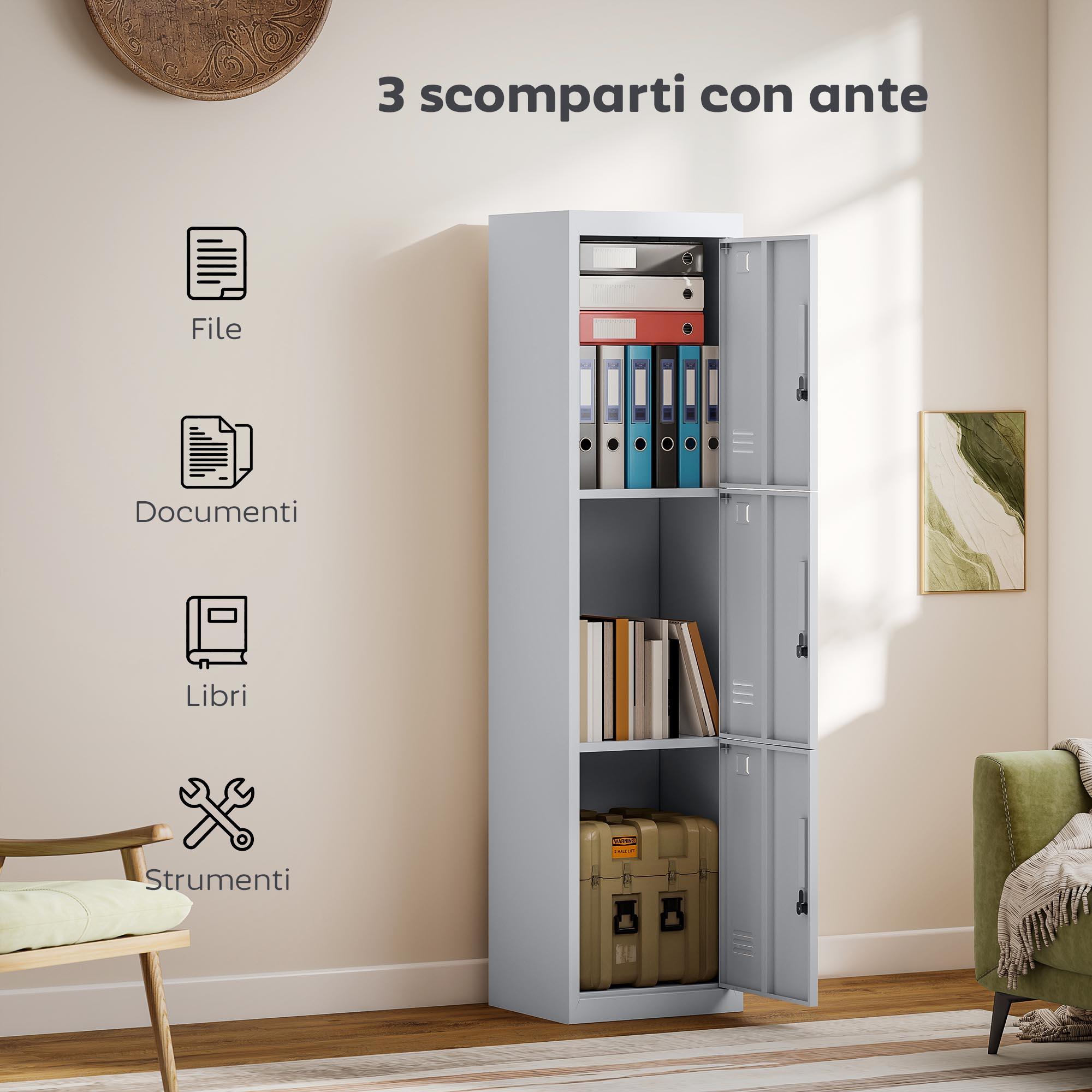 3-Door Steel Office Cabinet with Lock and 2 Keys, 45x38x180cm, Light Grey