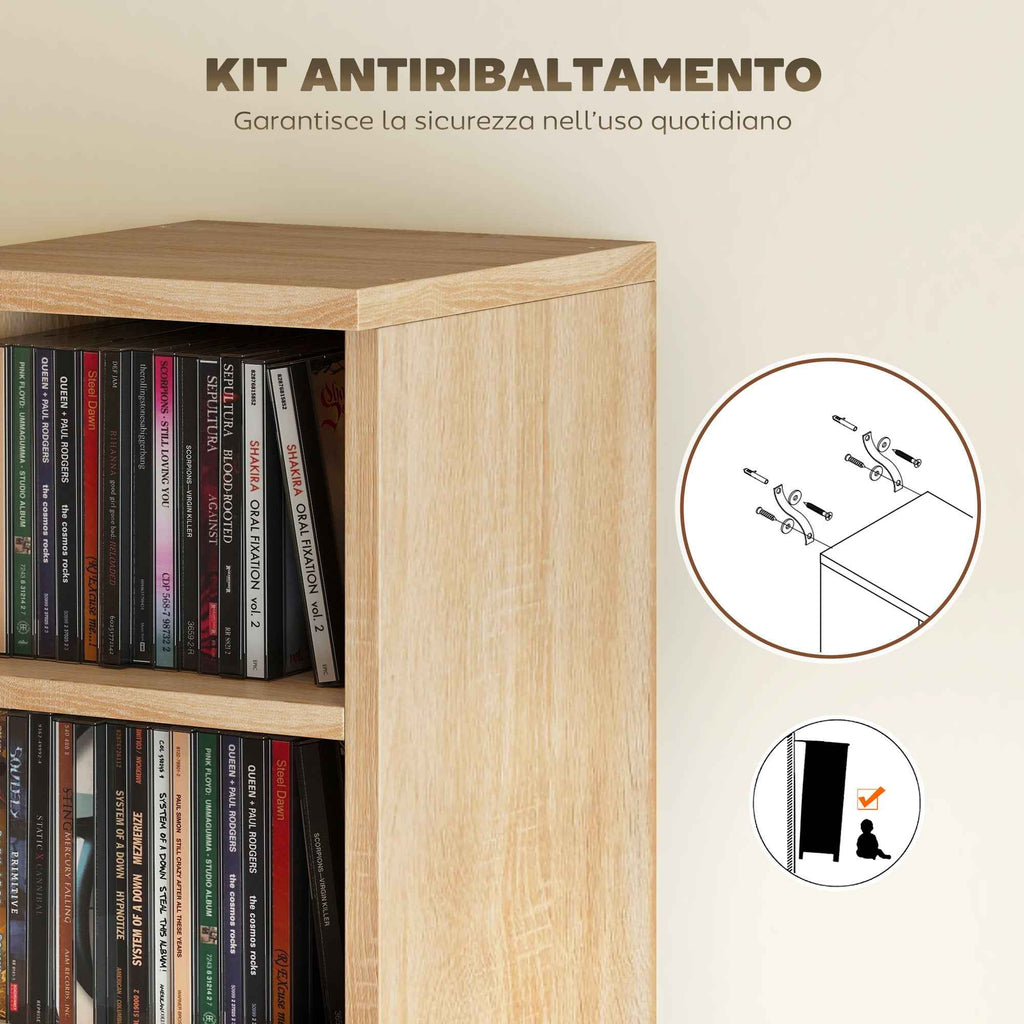 HOMCOM Set of 2 CD Racks with Adjustable Shelves for 204 CDs, Wooden, 21x22.5x88.5 cm, Oak