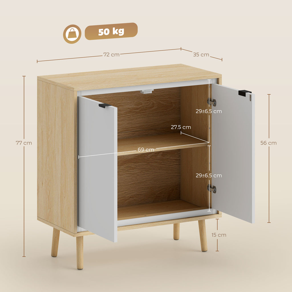 Modern 2-Door Sideboard with Adjustable Shelf, 72x35x77 cm, Gloss White and Oak