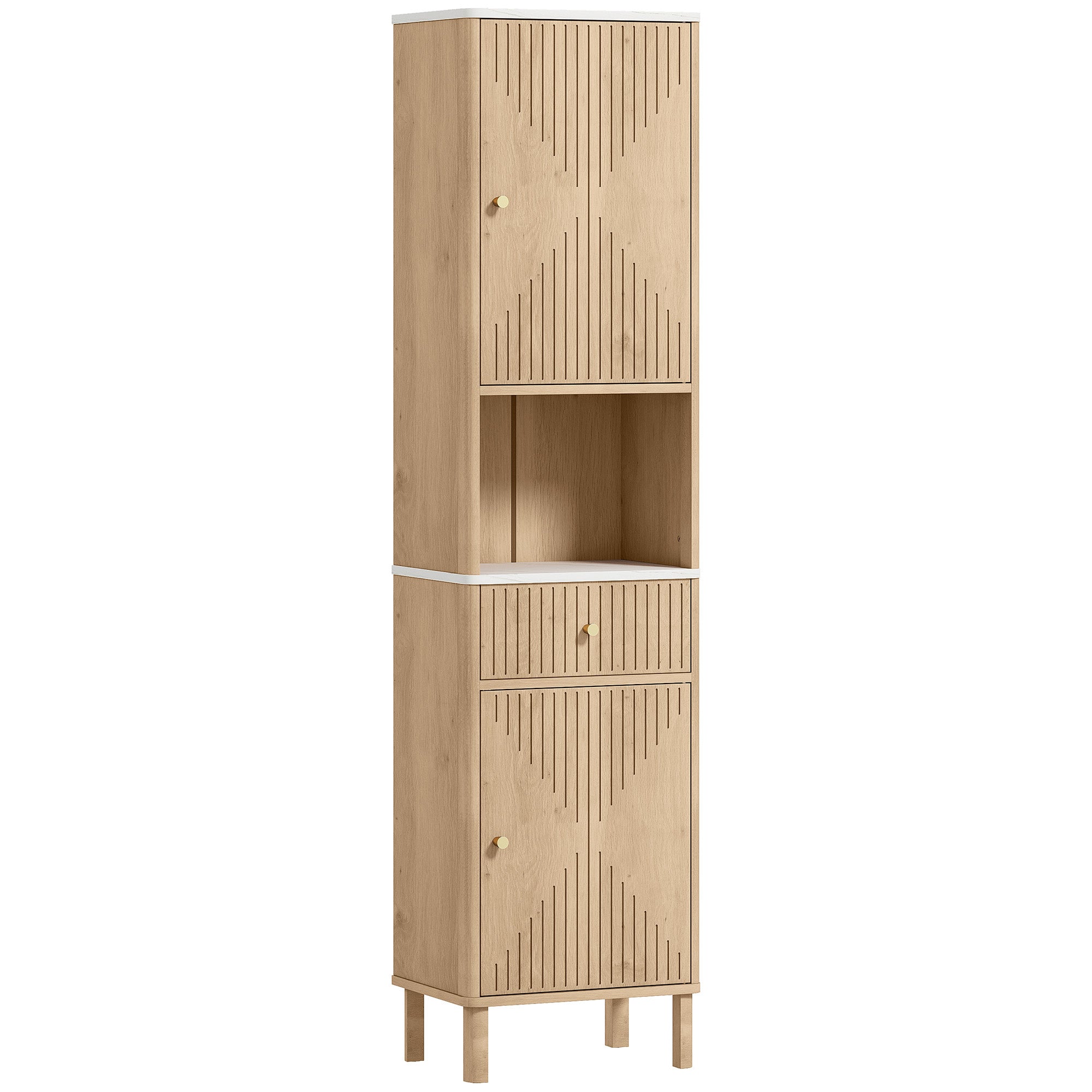 Bathroom Cabinet with Drawer, 2 Cabinets and Adjustable Shelves, Marble Effect Shelf, 41.5x30x168 cm, Oak