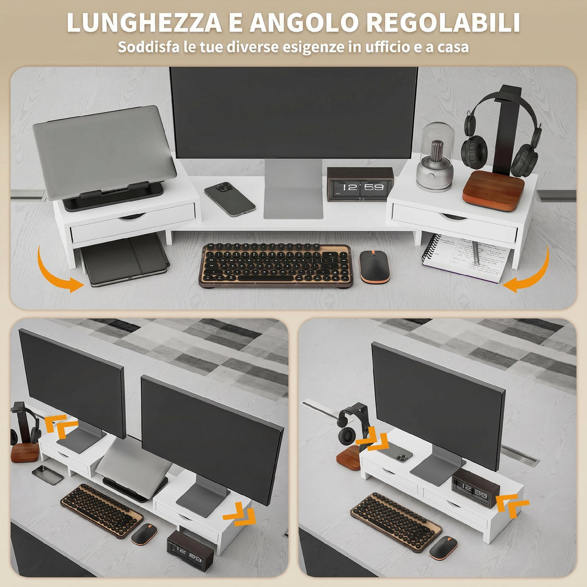 HOMCOM Desk Monitor Stand with 2 Drawers, 3 Spaces Below, Up to 14kg, 60-116x22x12cm, White