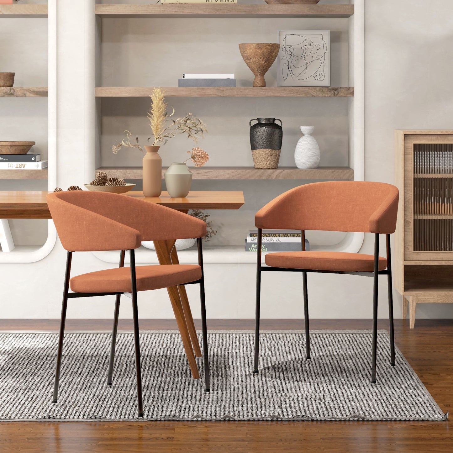 HOMCOM Set of 2 Padded and Monobloc Dining Chairs, in Linen Effect Fabric and Steel, 59x56x78 cm, Orange