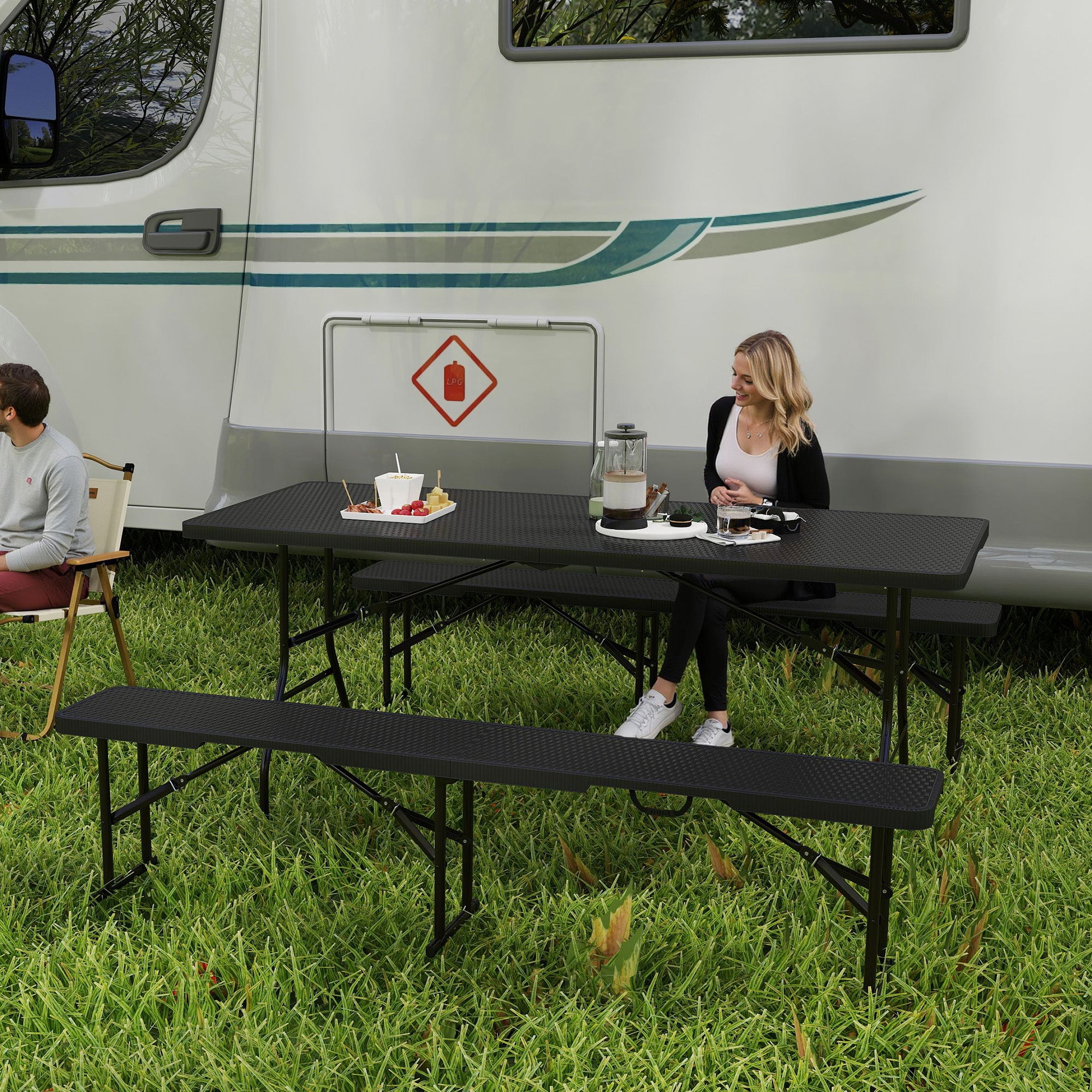 3-Piece Foldable Picnic Set with Table and 2 Benches in HDPE and Metal, Black