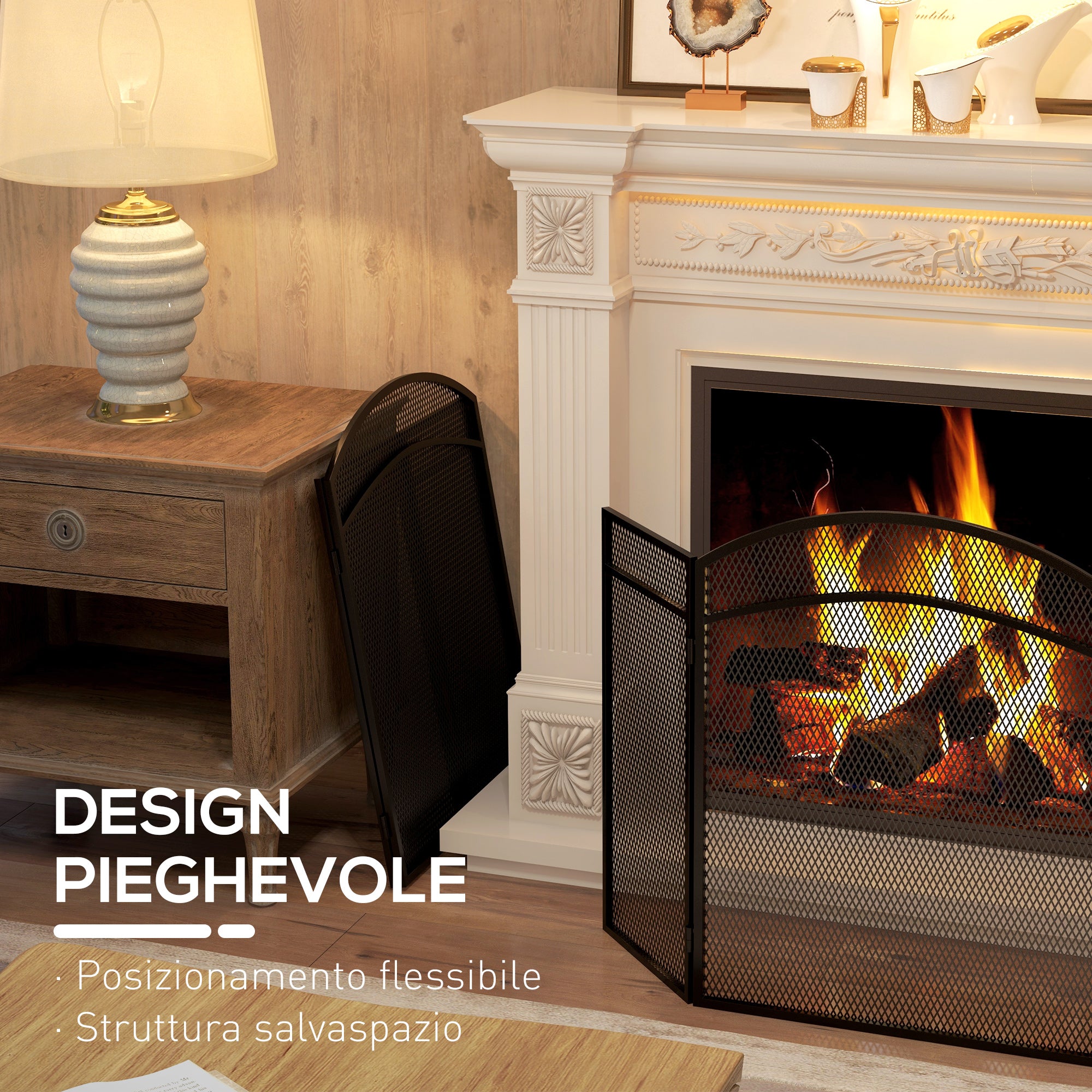 3-Panel Folding Fireplace Screen with Classic Design, 96x60cm, Black