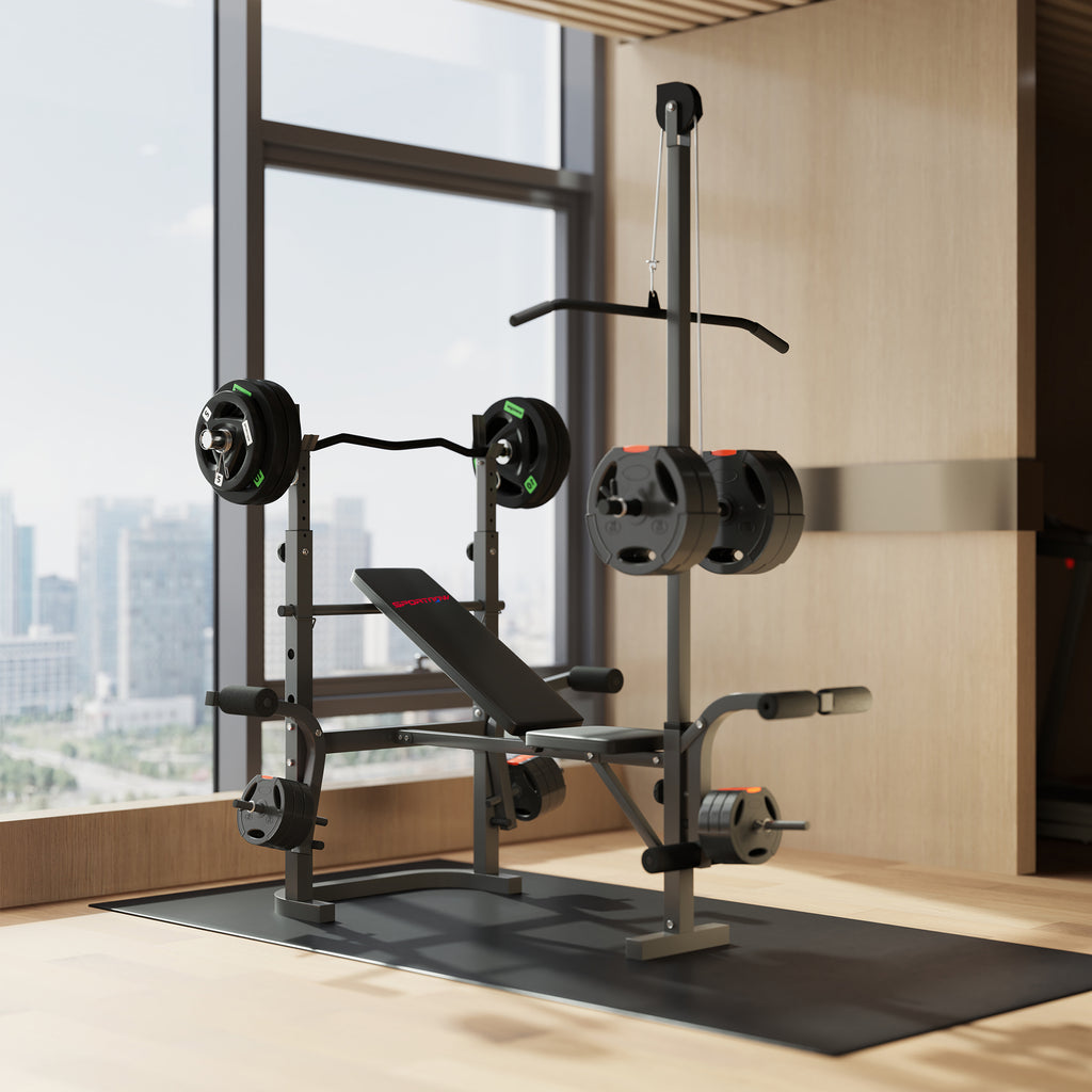 SPORTNOW Adjustable Multifunction Gym Bench with Barbell Rack with Leg Extension, Low Row, Arm Curl, Black