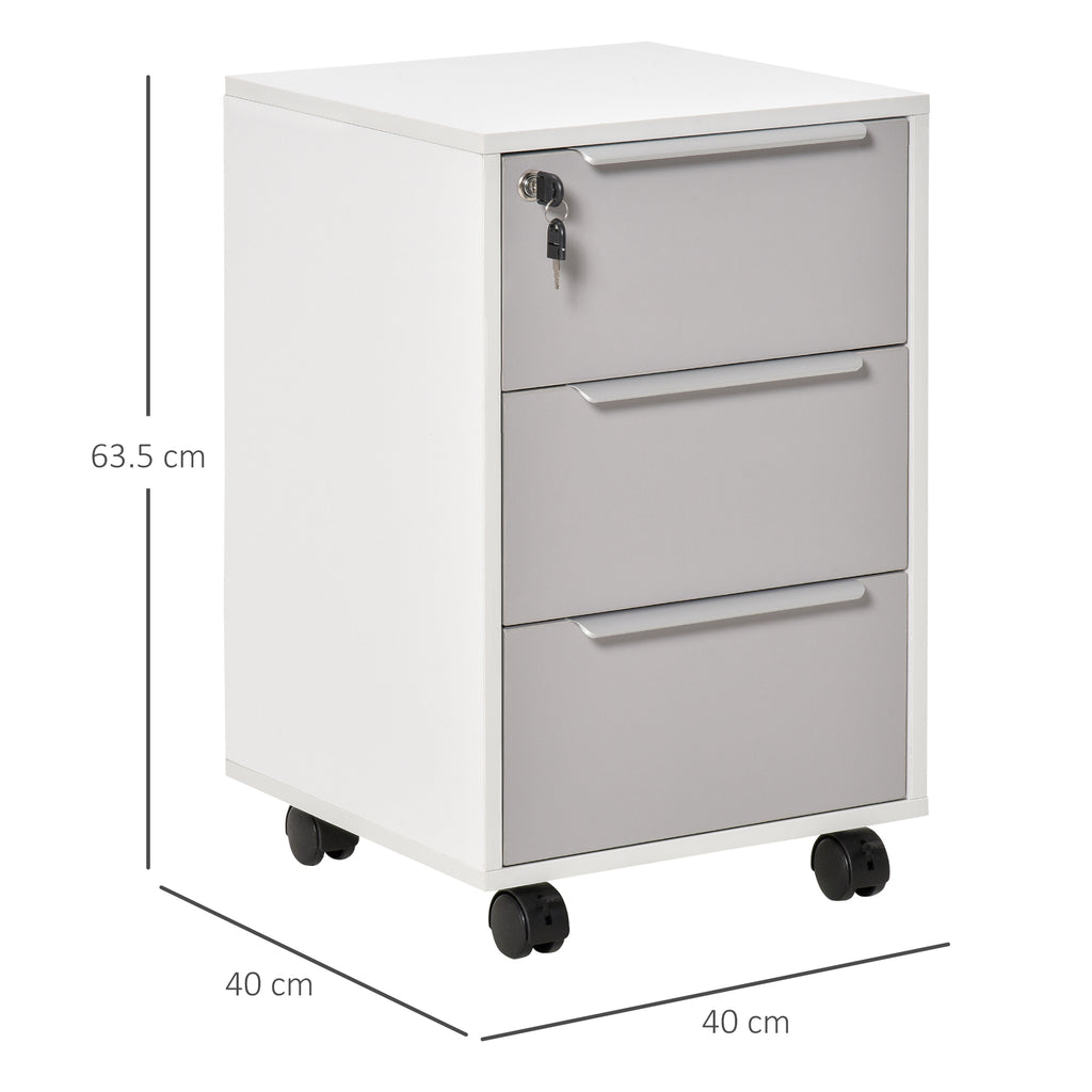 3-Drawer Office Filing Cabinet with Security Keys and 4 Wheels, Wooden, 40x40x63.5 cm, White and Grey
