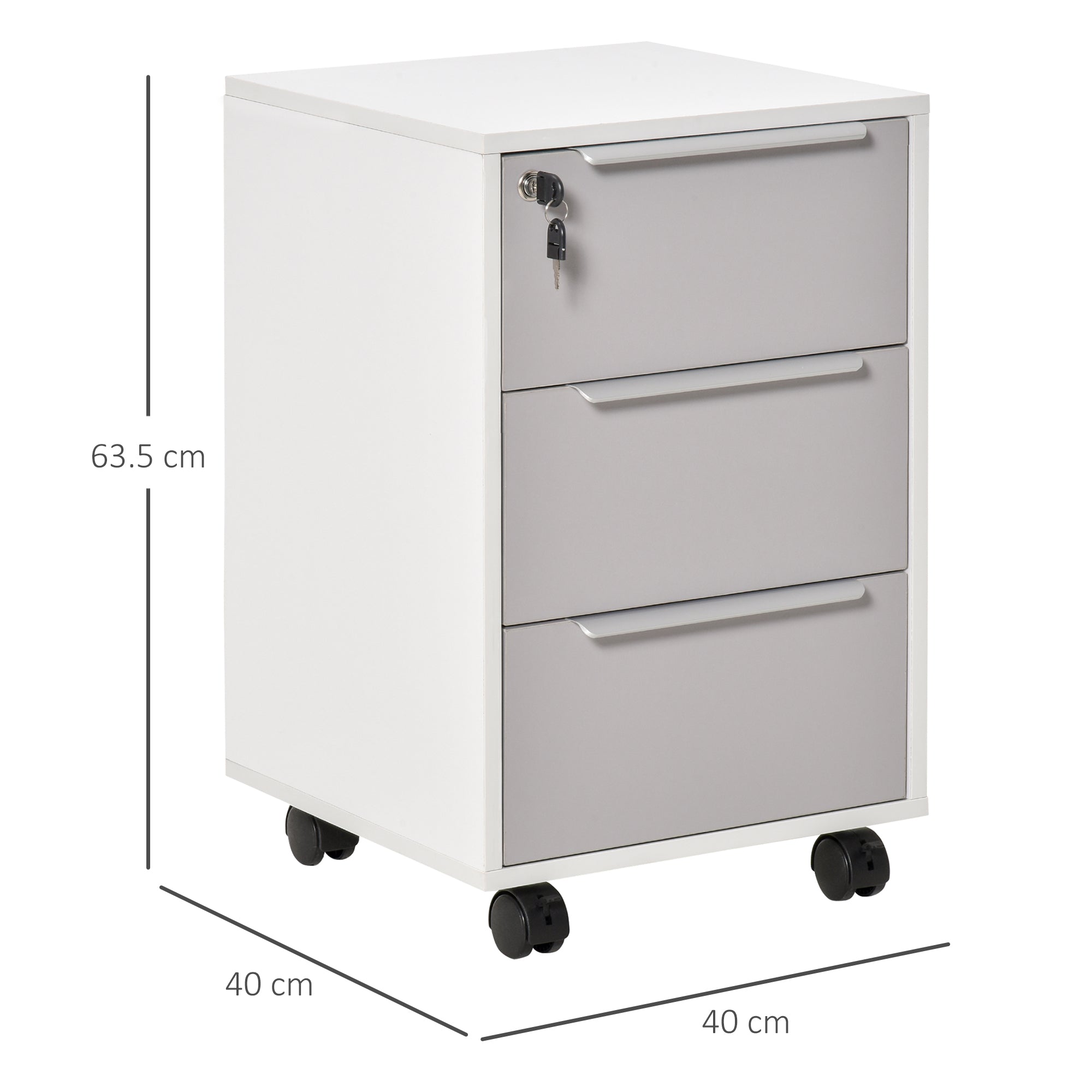 3-Drawer Office Filing Cabinet with Security Keys and 4 Wheels, Wooden, 40x40x63.5 cm, White and Grey