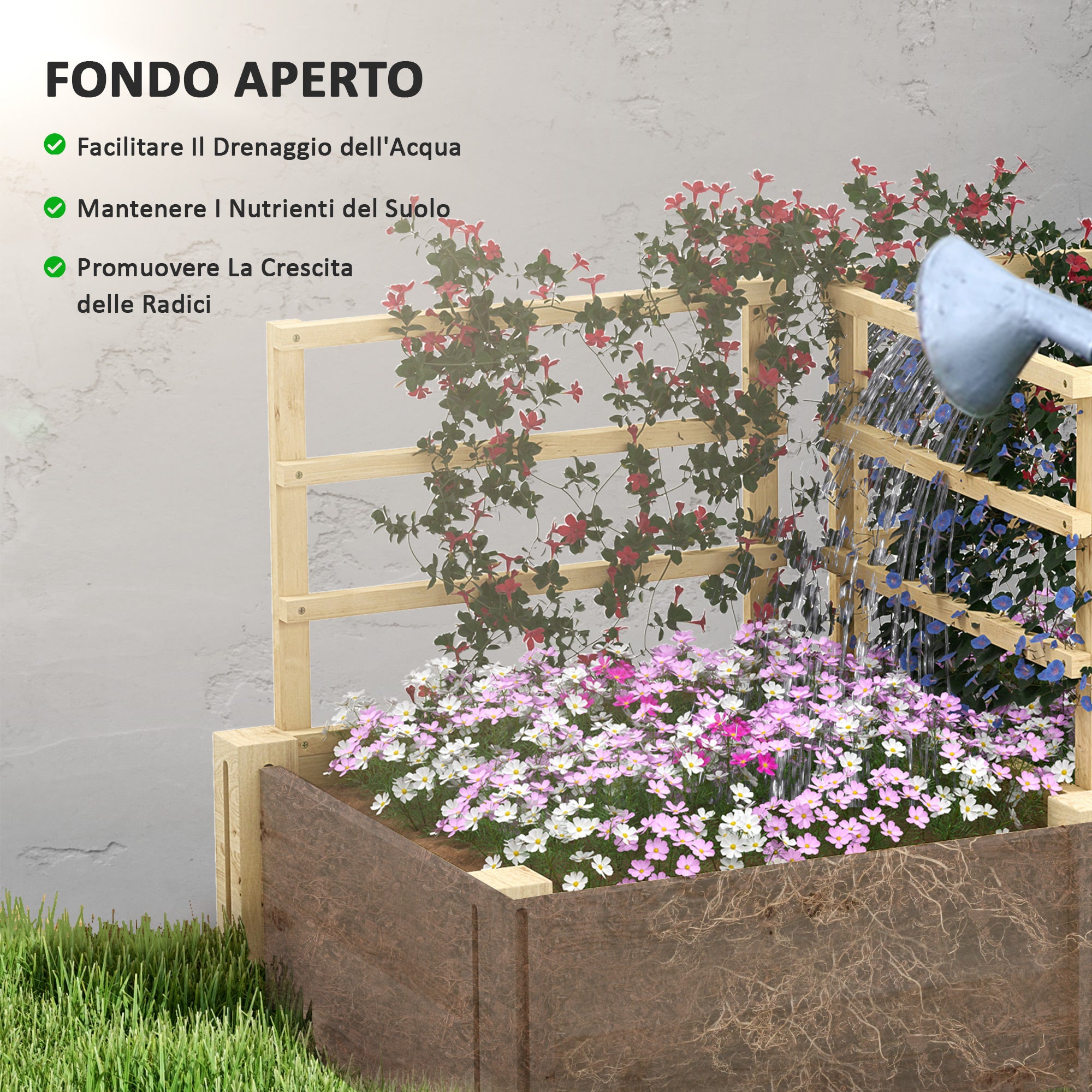 Garden Bed with 3 Trellis and 2 Fir Wood Planters with Open Bottom, 119x62.5x64 cm, Wood Color