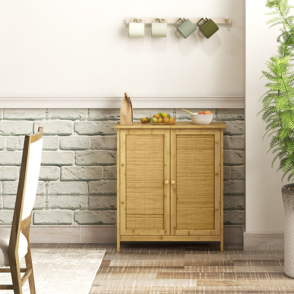 Boho Style Sideboard in Rattan and Bamboo with 2 Doors and Internal Shelf, 60x27x67.5cm, Wood Color