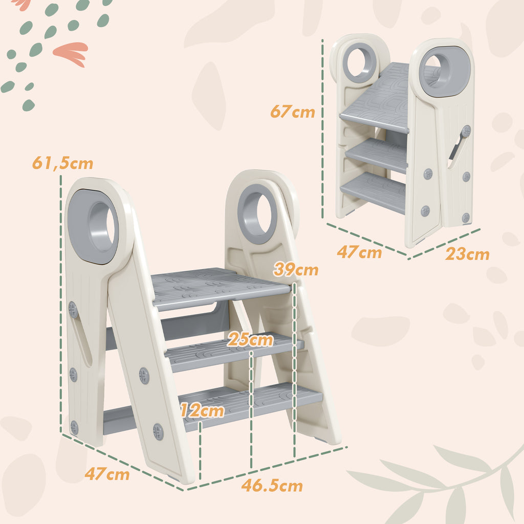 AIYAPLAY Montessori Tower for Children, Foldable, 3-Step Adjustable, with Handle and Non-Slip Surface, Grey