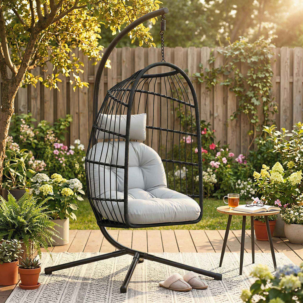 Outsunny Hanging Egg Chair with Stand and Safety Strap, 105x101x196 cm, Black and Light Grey