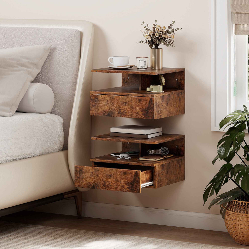 HOMCOM Set of 2 Floating Nightstands with Drawer and Open Shelf, 35x32x22.5 cm, Rustic Brown
