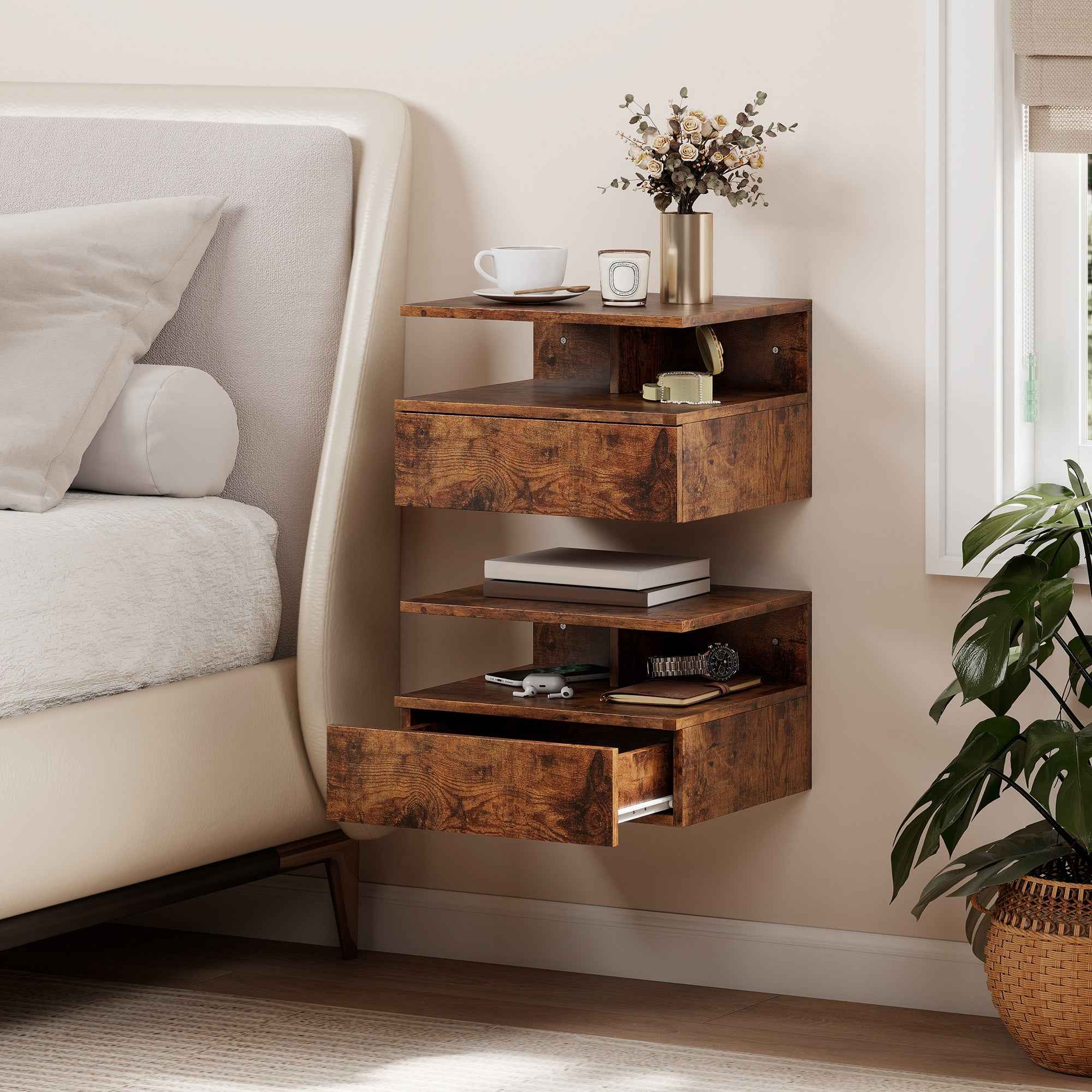 HOMCOM Set of 2 Floating Nightstands with Drawer and Open Shelf, 35x32x22.5 cm, Rustic Brown