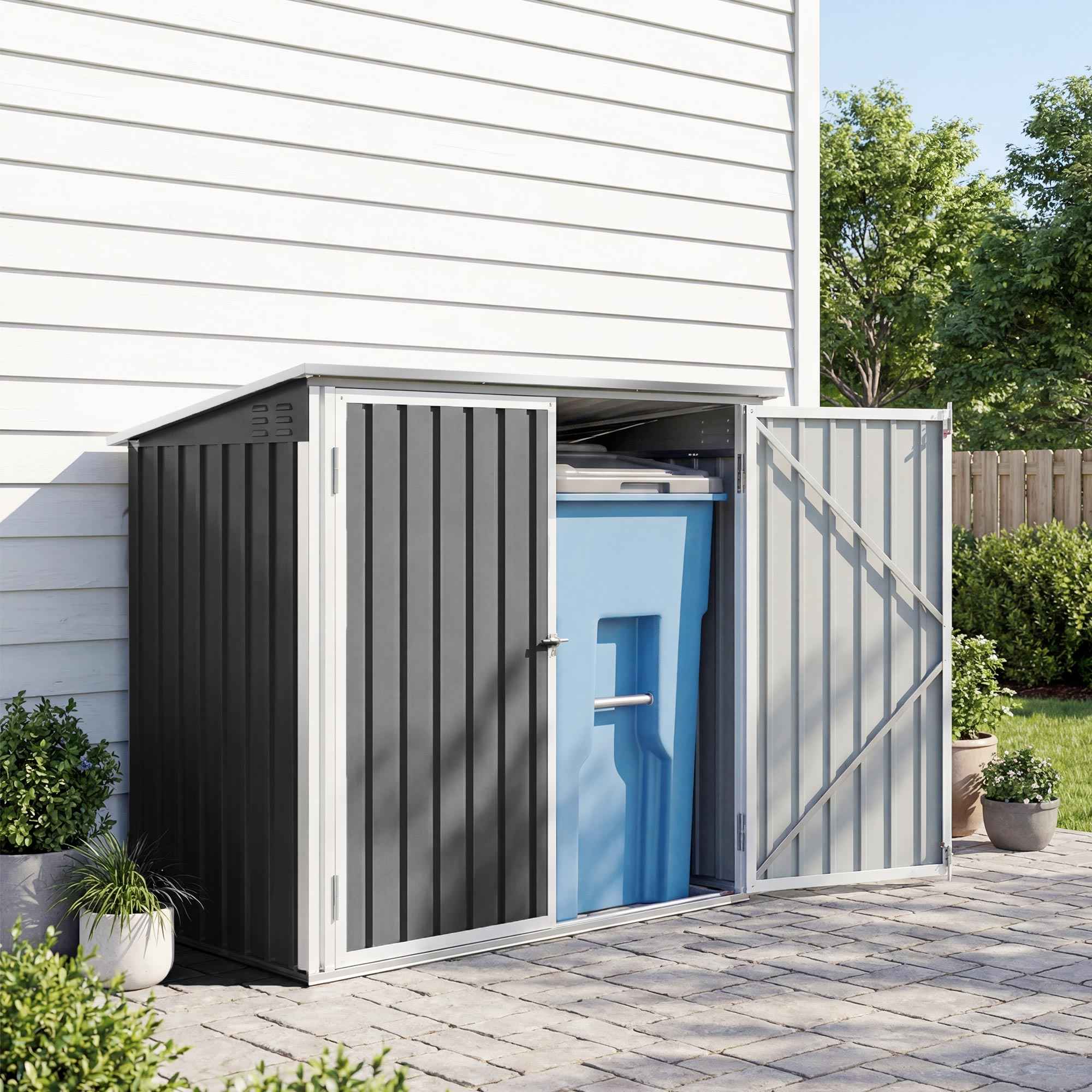 Outsunny Garden Shed, Horizontal Garbage Can Organizer, Dark Gray