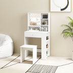 Makeup Vanity Set with Coffee Table and Stool, Mirror and Shelves in Wood, White