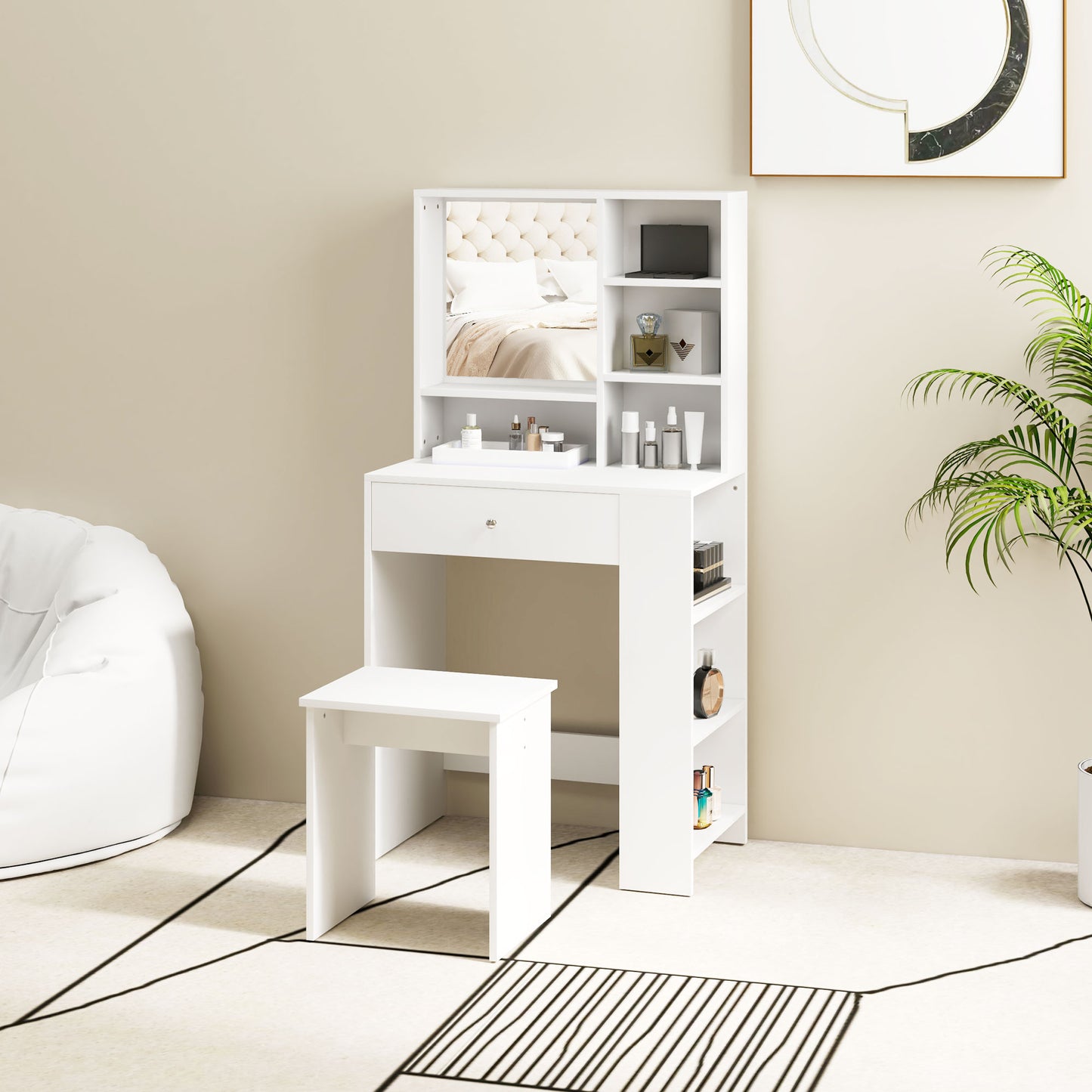 Makeup Vanity Set with Coffee Table and Stool, Mirror and Shelves in Wood, White